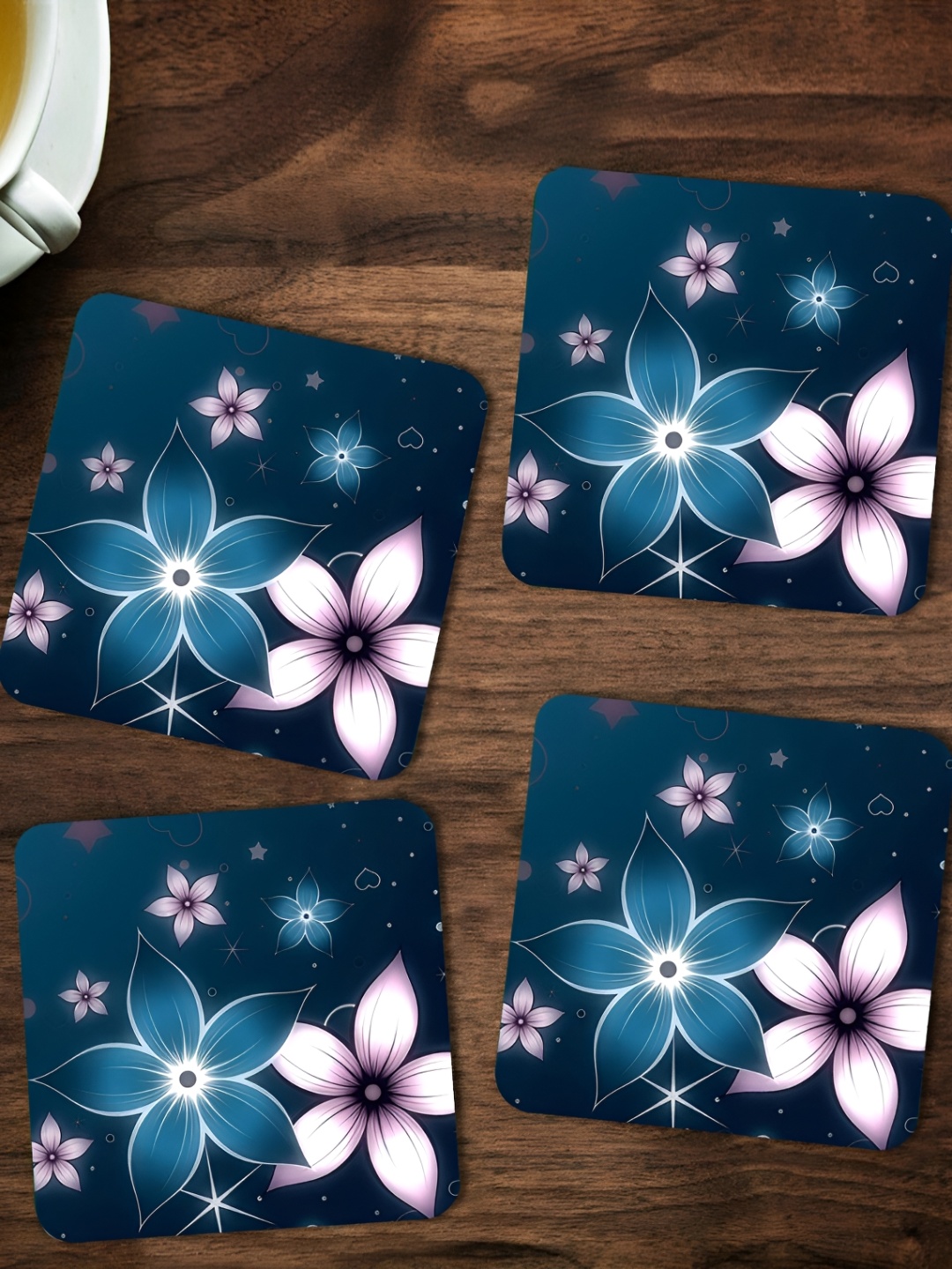 

ARTBUG Black & White 4 Pieces Flower Printed Square Wooden Coasters, Blue