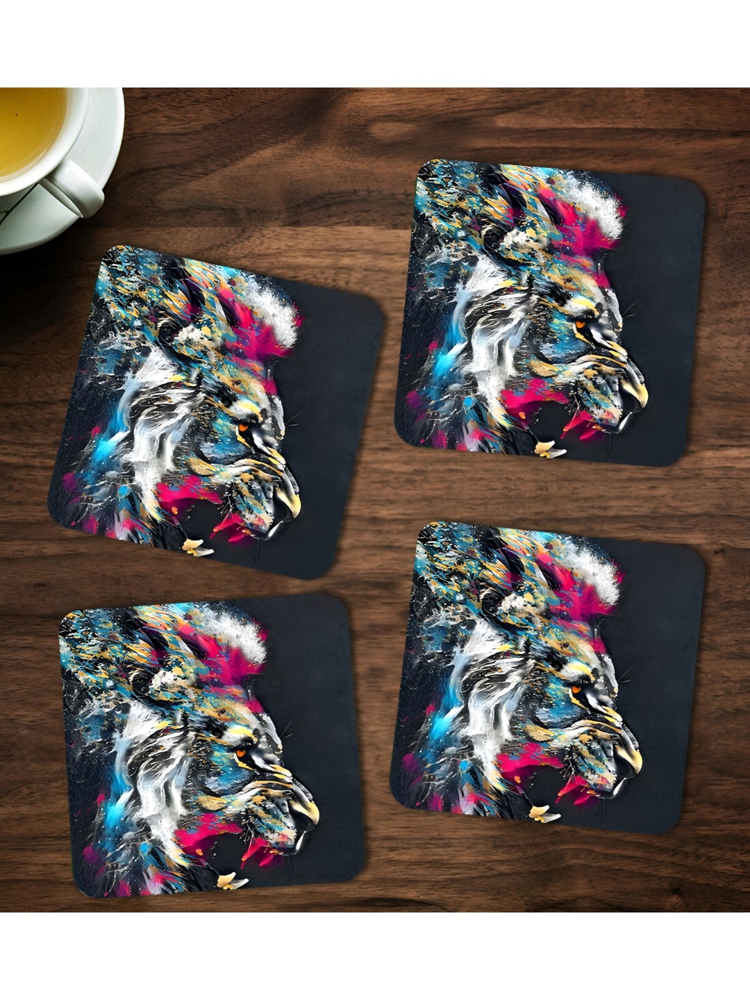 

ARTBUG Black & Blue 4 Pieces Lion Printed Square Wooden Coasters