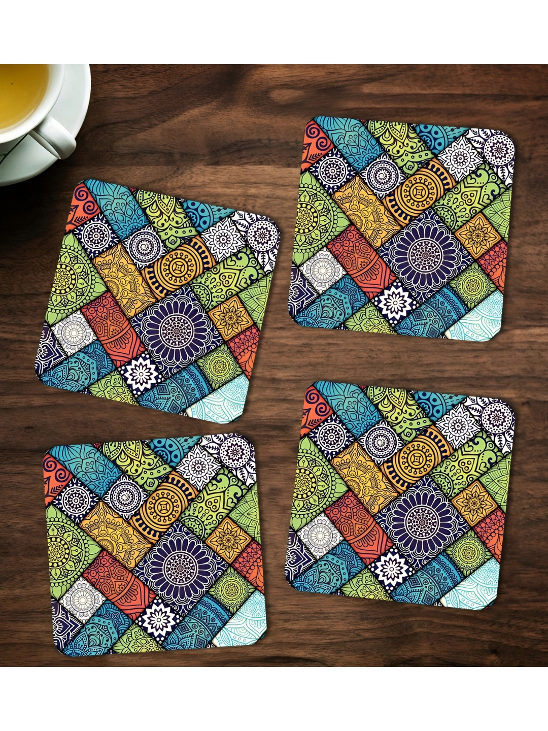 

ARTBUG Navy Blue & Green 4 Pieces Printed Wooden Coasters