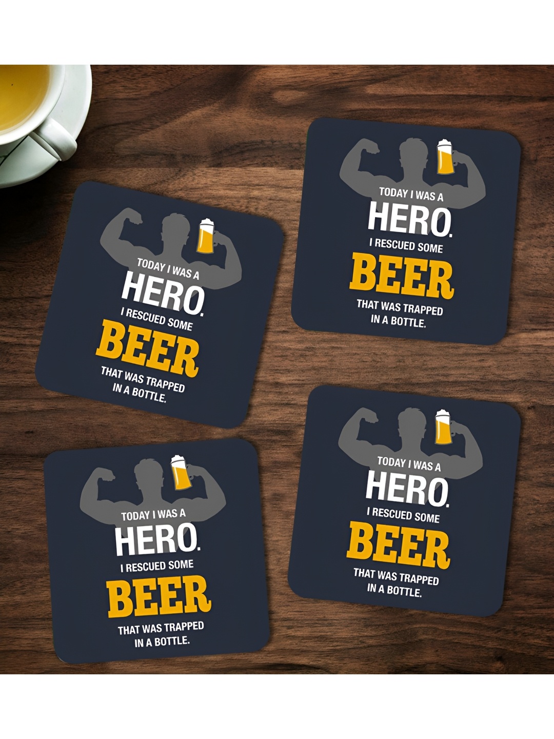 

ARTBUG Blue & Yellow 4 Pieces Today I Was A Hero Printed Wooden Coasters