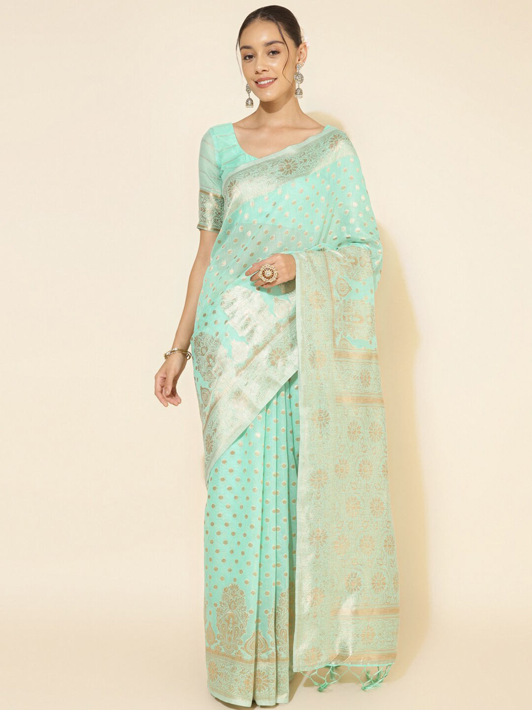 

Janasya Polka Woven Design Pure Silk Chanderi Saree, Sea green