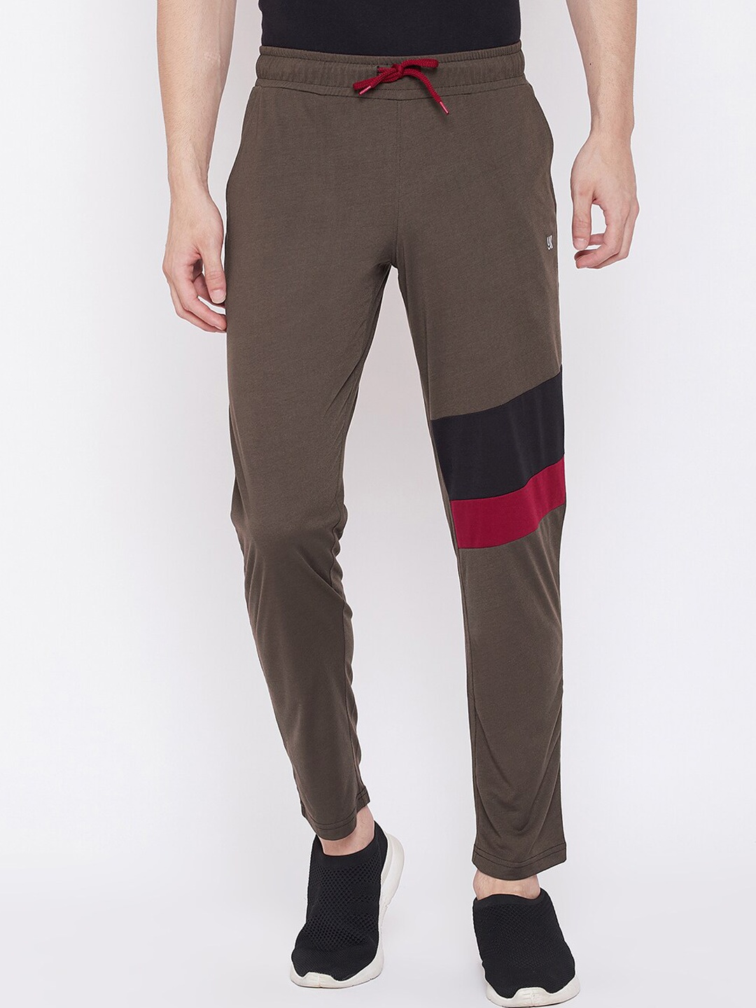 

URKNIT Men Striped Mid-Rise Sports Track Pants, Brown