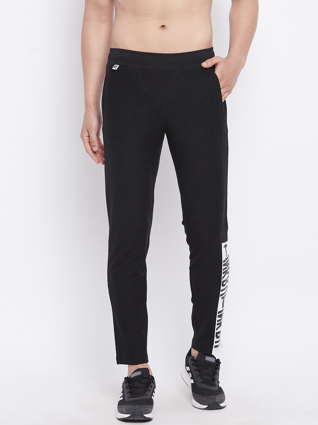 

URKNIT Men Typography Printed Mid Rise Cotton Sports Track Pants, Black