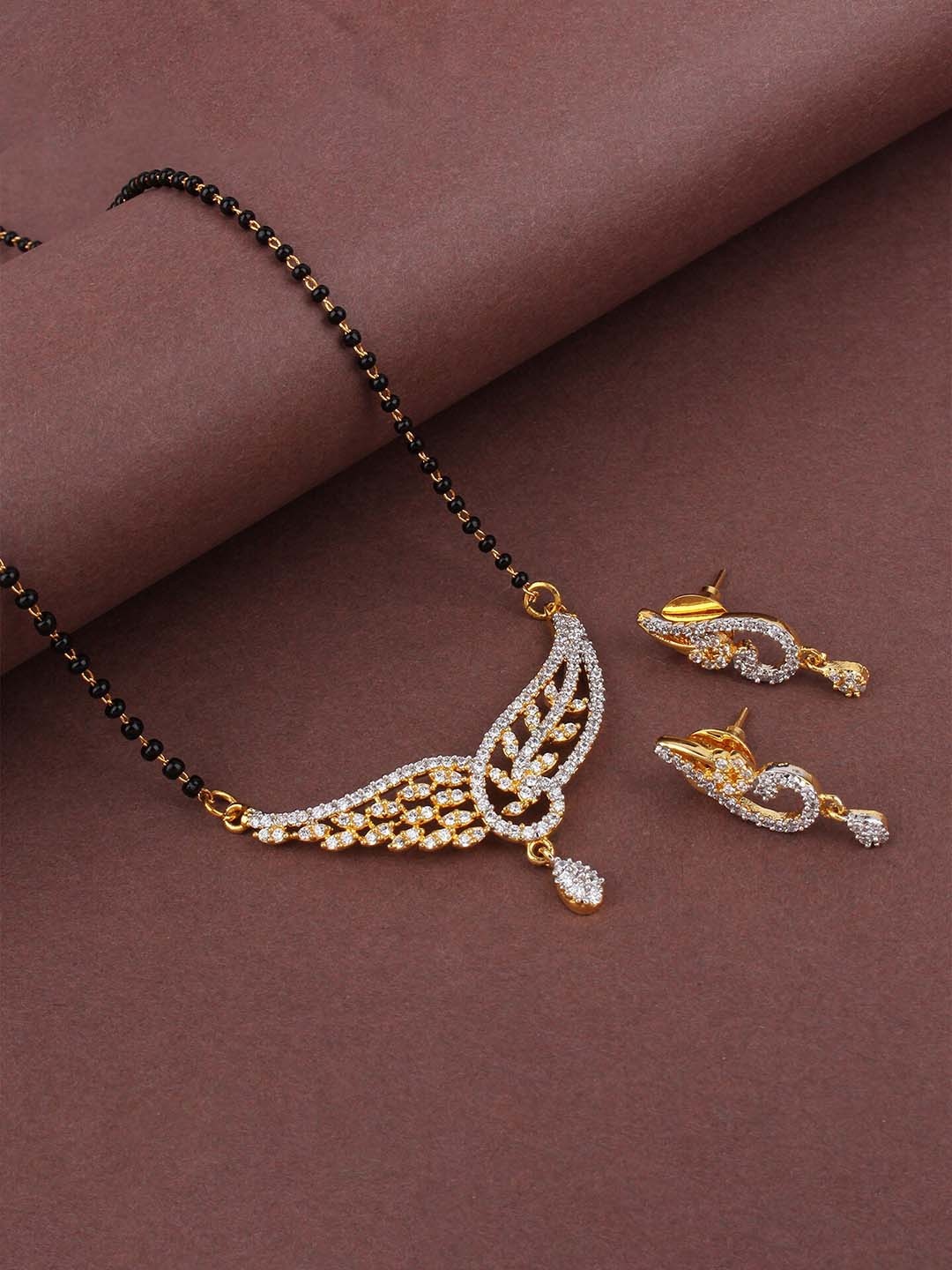 

Mirana Gold-Plated Cubic Zirconia Studded Peacock Shaped Mangalsutra With Earrings
