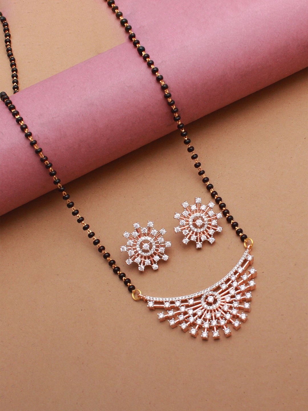 

Mirana Rose Gold-Plated CZ-Stone Studded Mangalsutra With Earrings