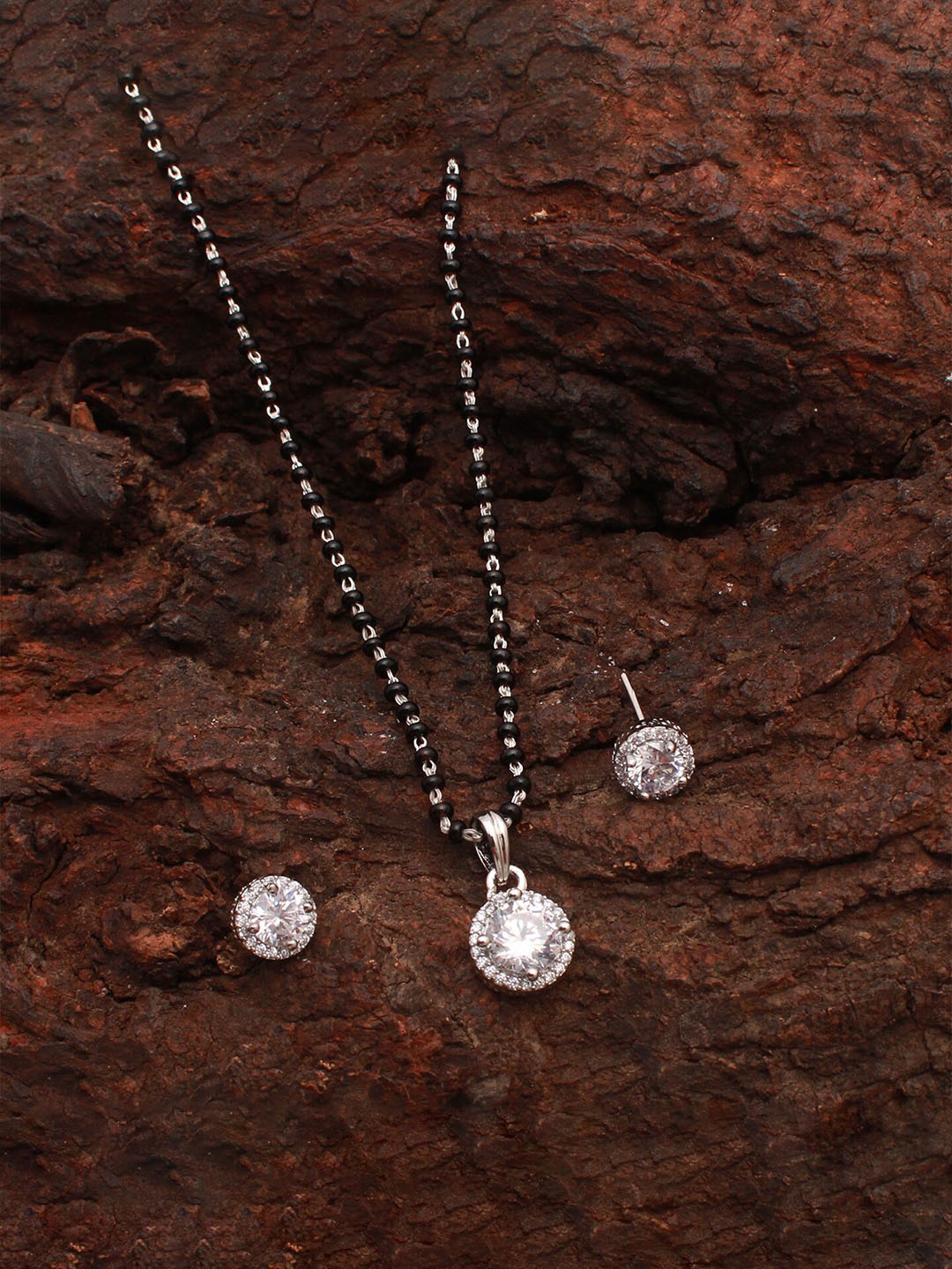

Mirana Rhodium-Plated Solitaire Circular Shaped Mangalsutra With Earrings, Silver