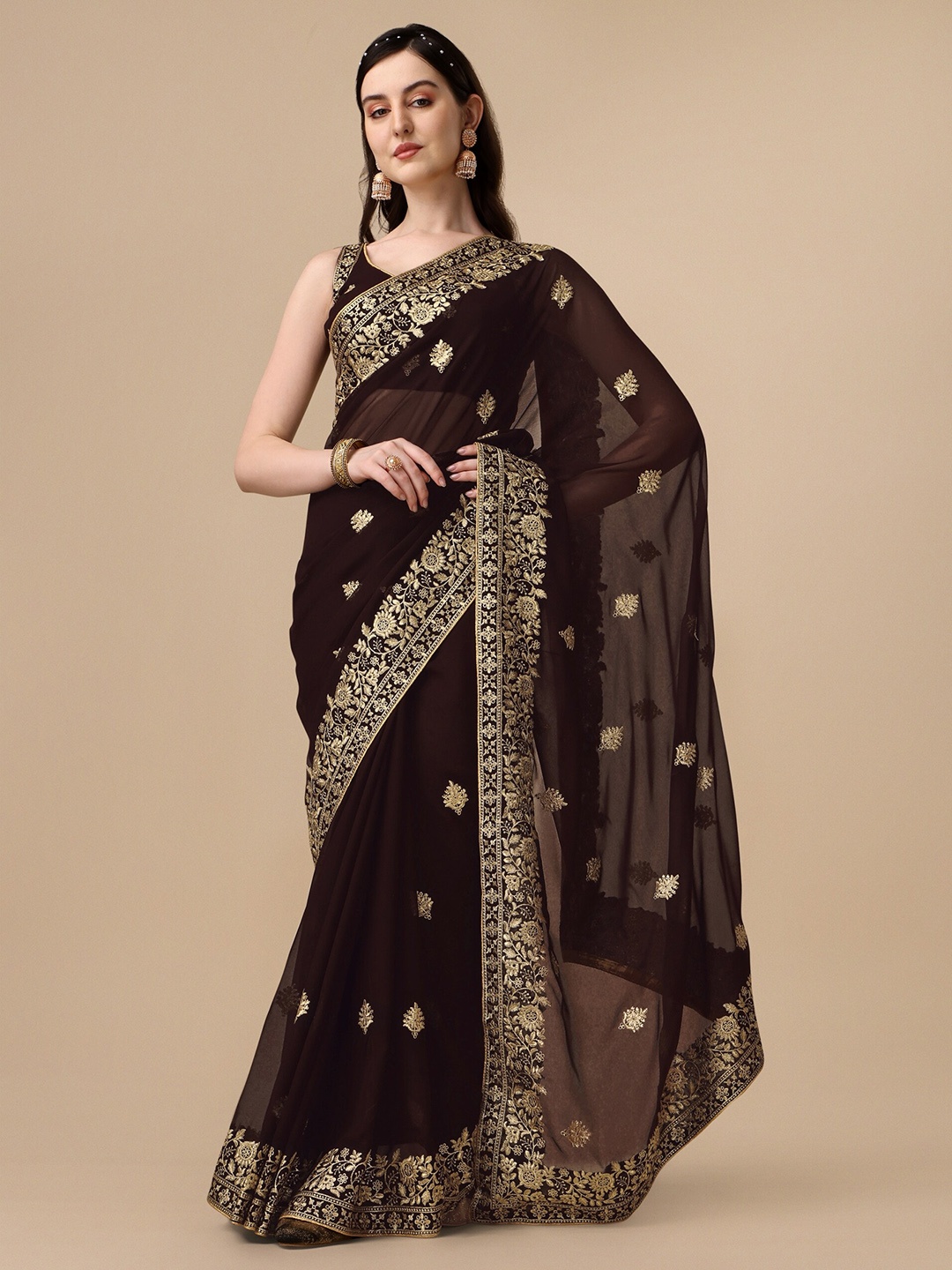 

Momina Fashion Floral Printed Embroidered Pure Georgette Saree, Brown