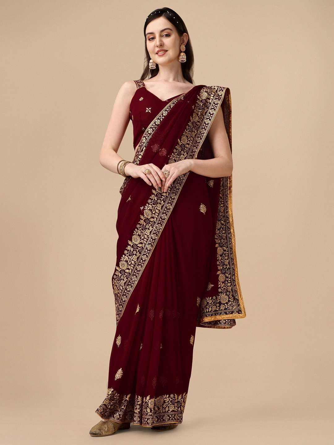 

Momina Fashion Floral Printed Embroidered Pure Georgette Saree, Maroon