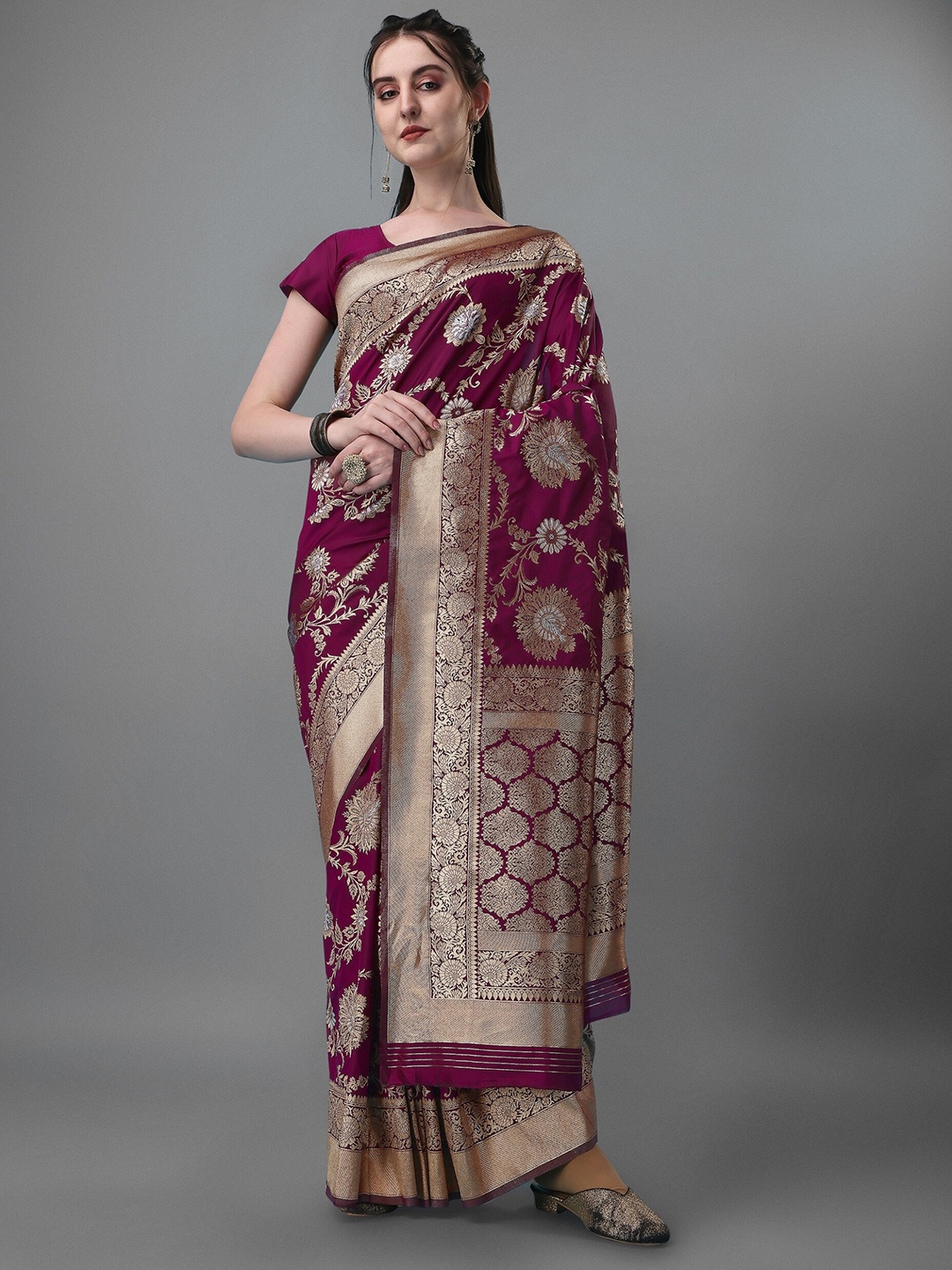 

Momina Fashion Woven Design Floral Printed Zari Saree, Purple