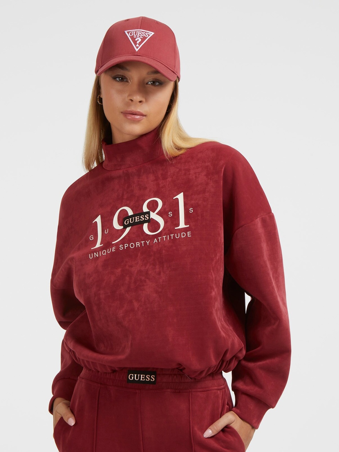 

GUESS Alphanumeric Printed High Neck Pullover, Red