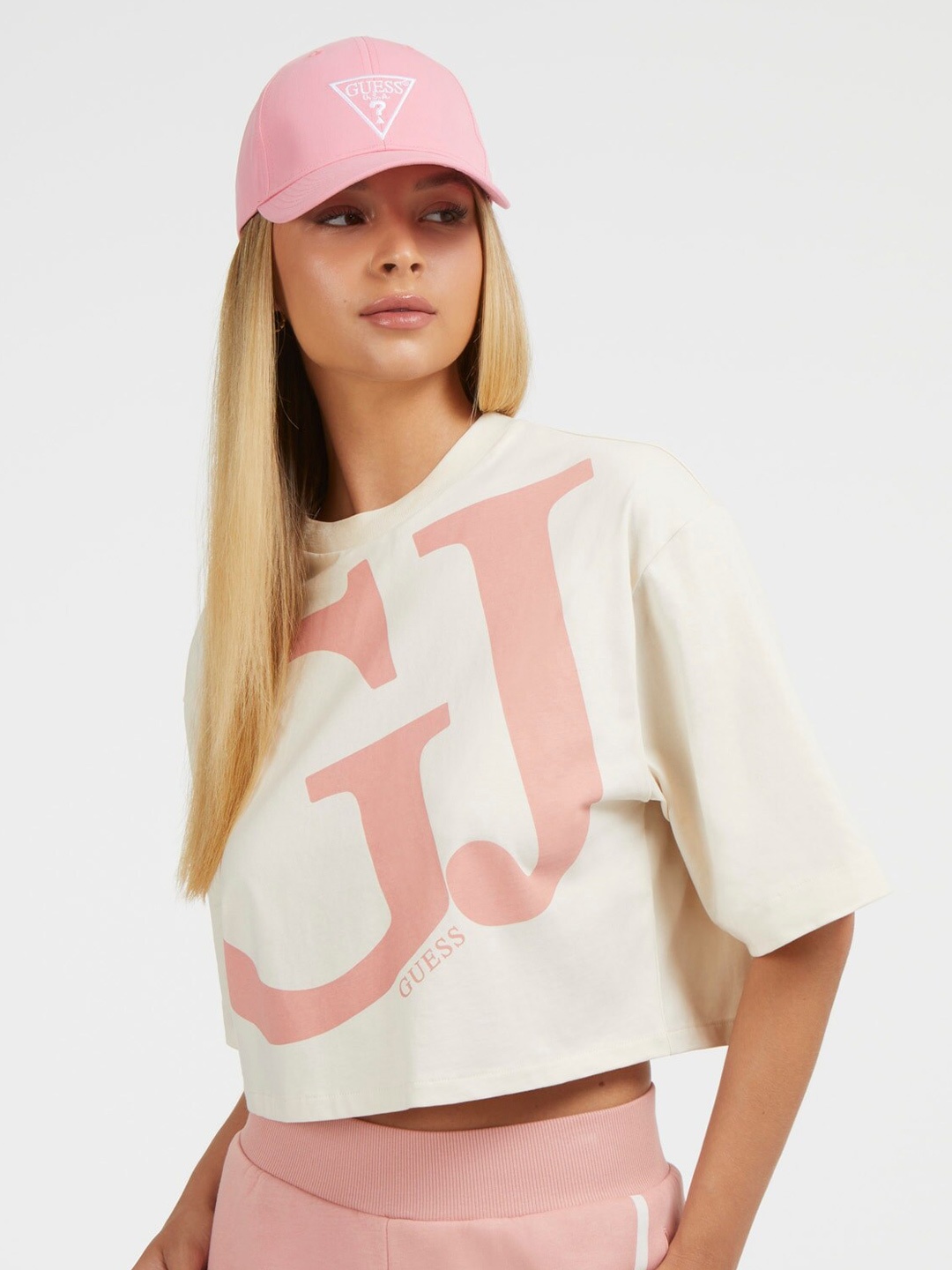 

GUESS Typography Printed Oversized Pure Cotton T-shirt, Off white