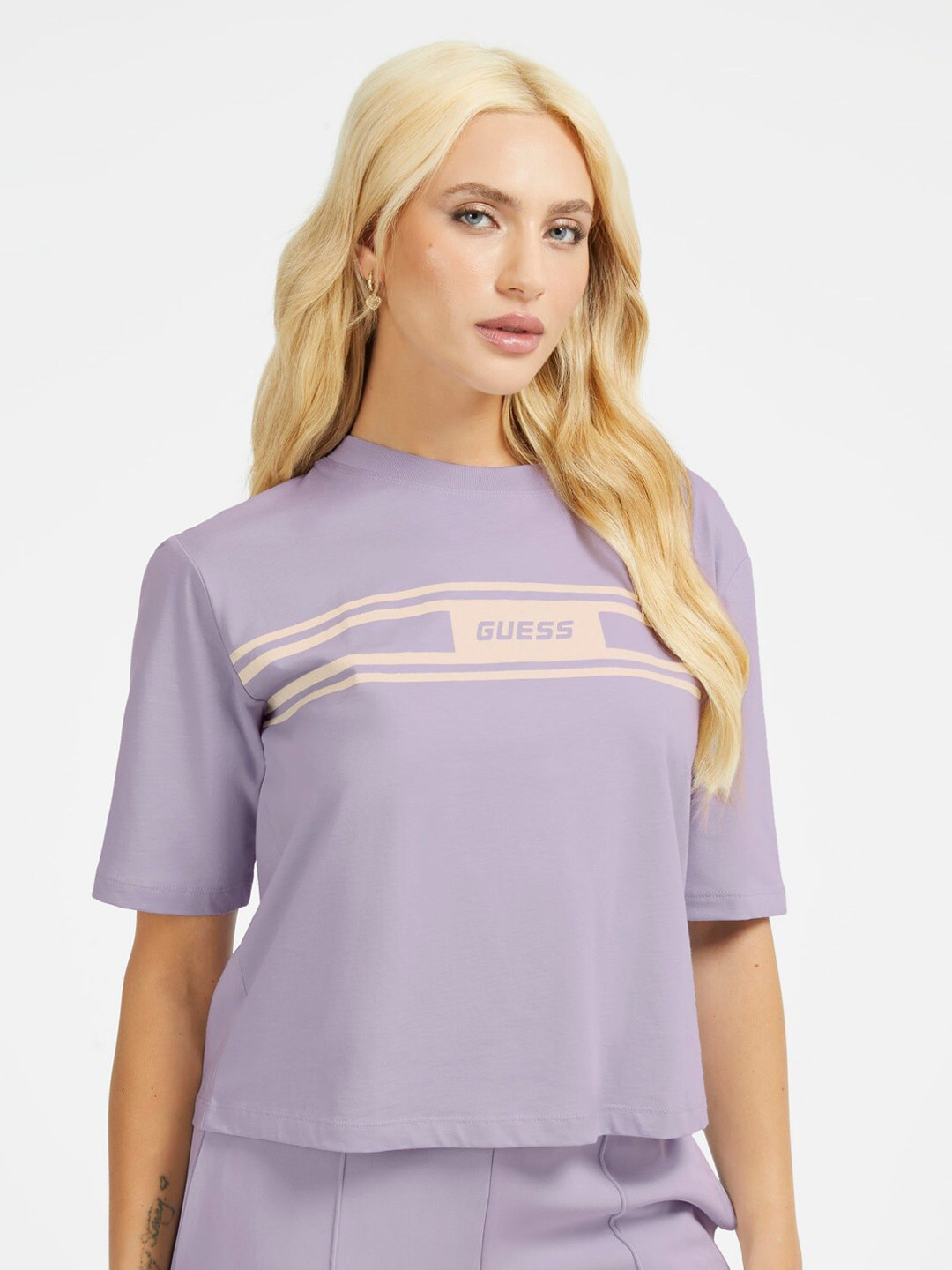 

GUESS Striped Pure Cotton Boxy T-shirt, Blue