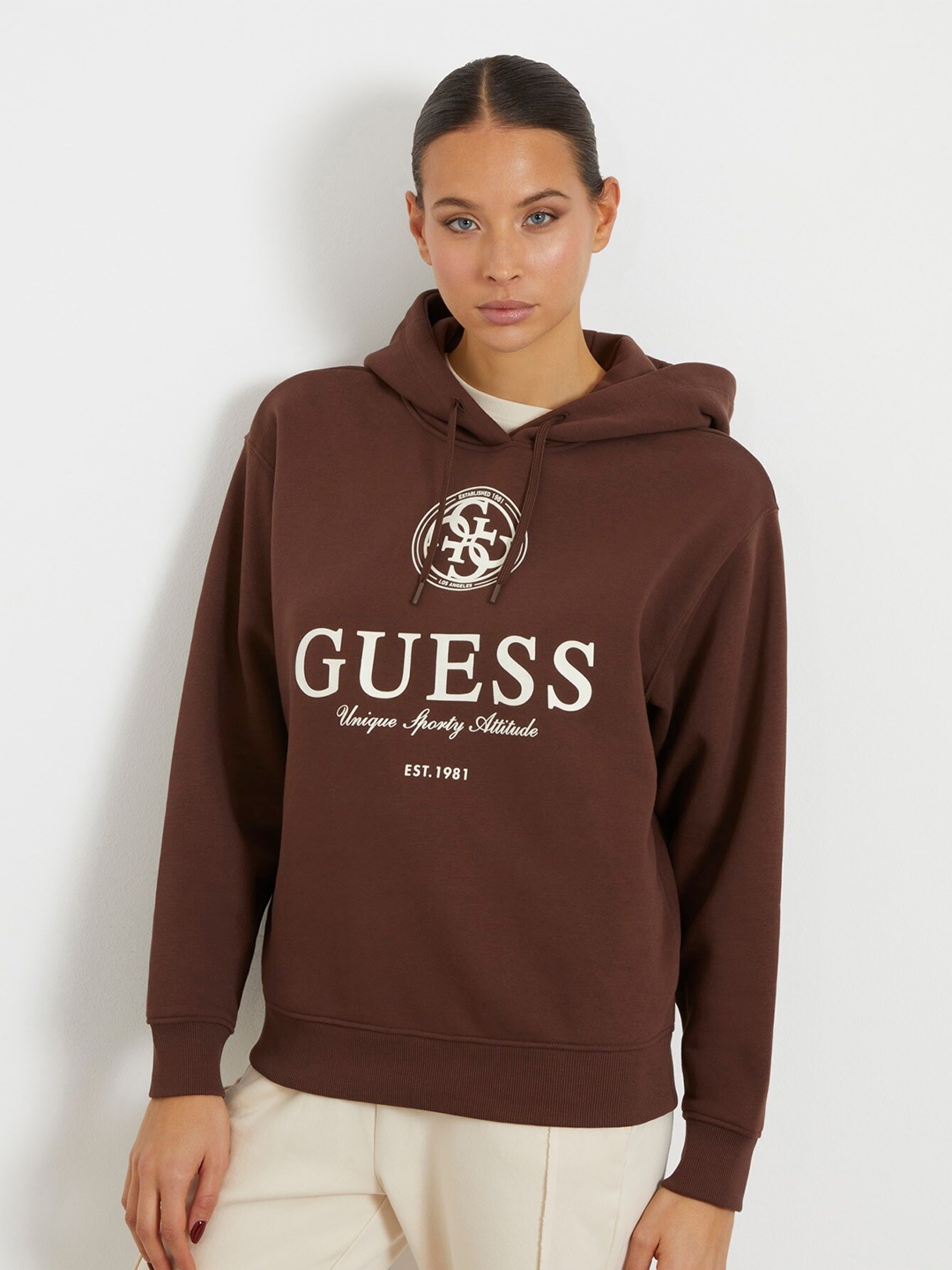 

GUESS Typography Printed Hooded Pullover, Brown