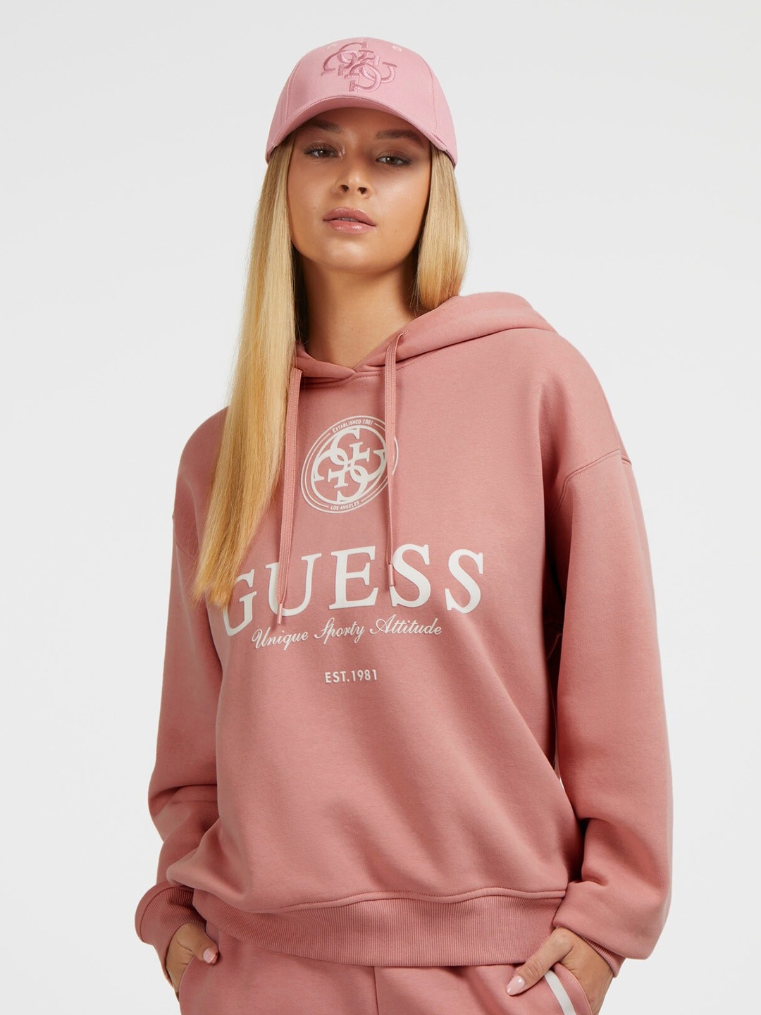 

GUESS Typography Printed Hooded Pullover Sweatshirt, Pink