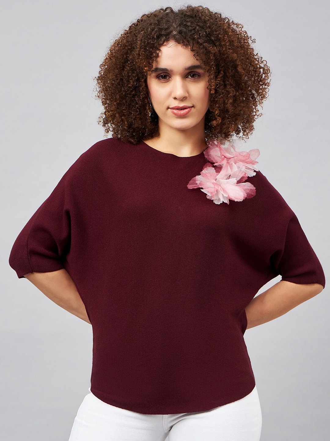 

Chemistry Batwing Sleeves Bow Detail Woollen Top, Maroon