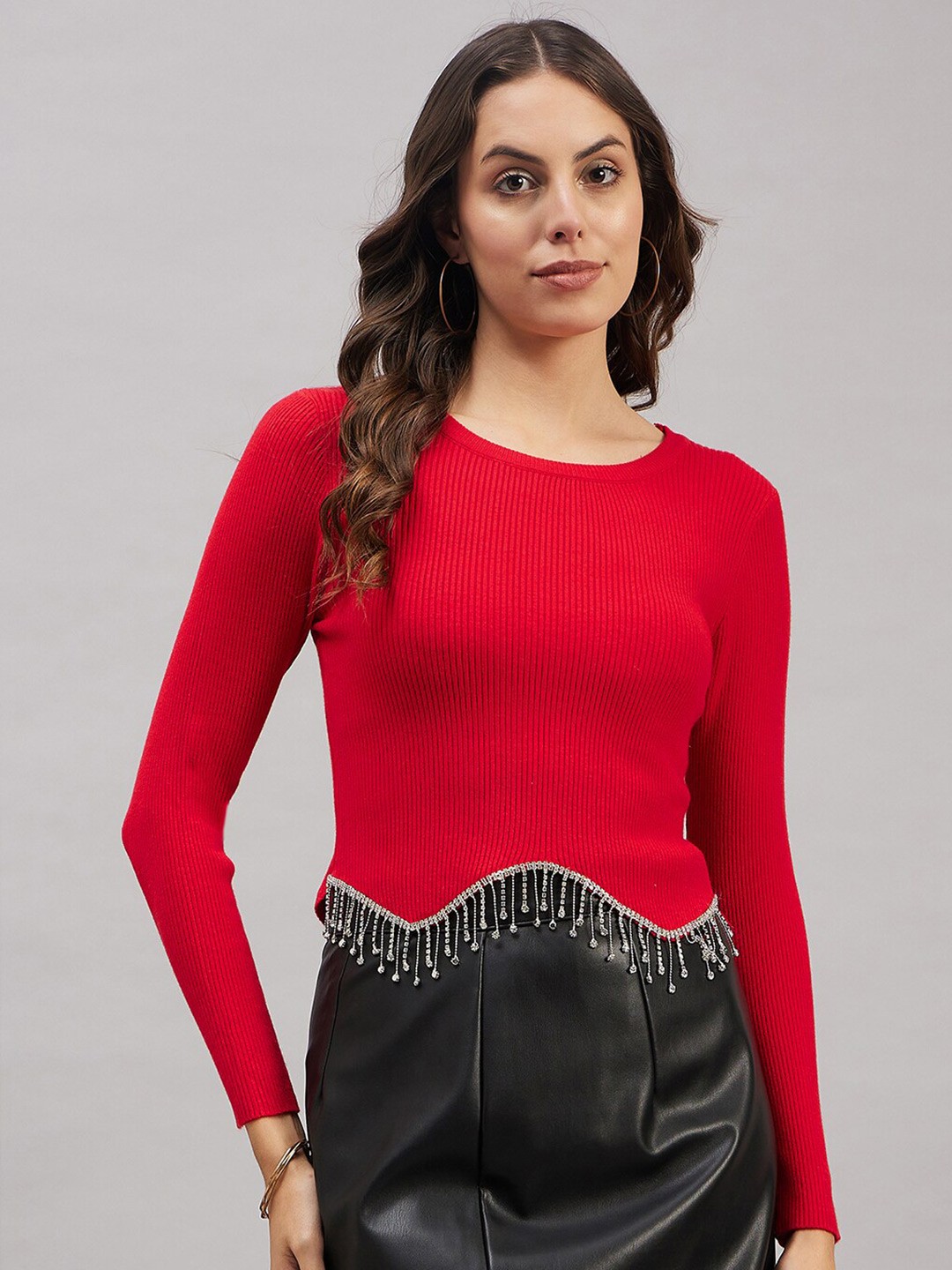 

Chemistry Tasselled Detail Round Neck Woollen Top, Red