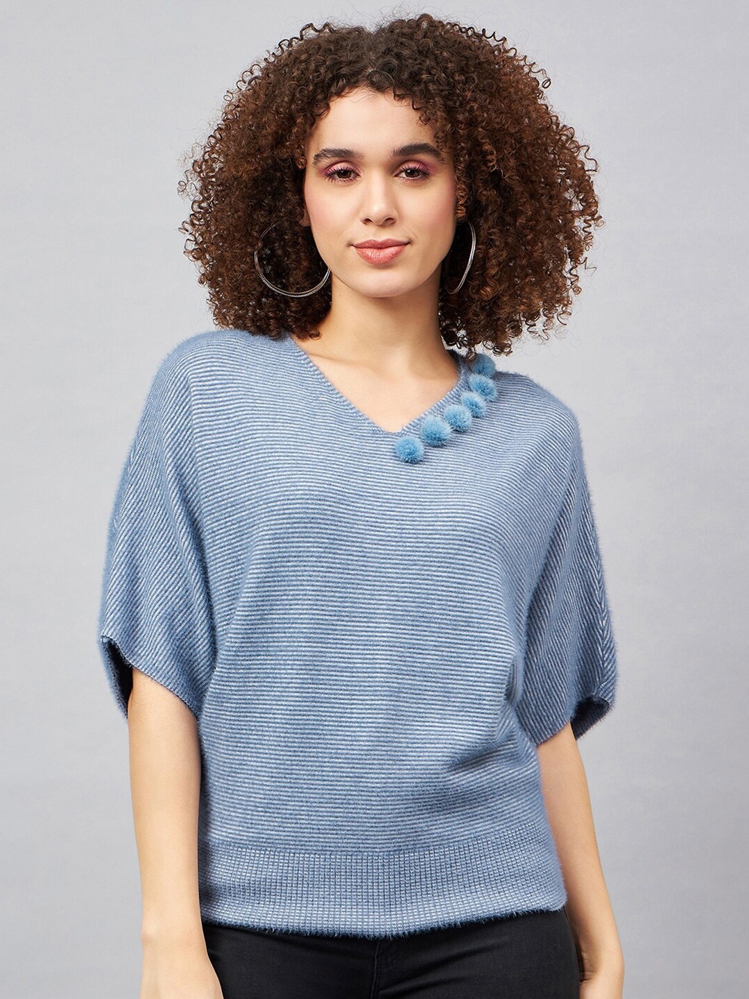 

Chemistry Striped Extended Sleeves Pom Pom Detail Woollen Boxy Top, Blue