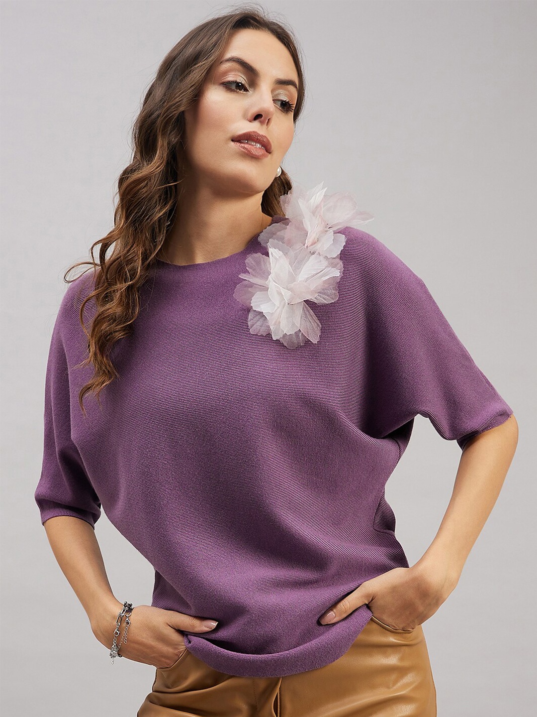 

Chemistry Extended Sleeves Floral Bow Woollen Top, Lavender