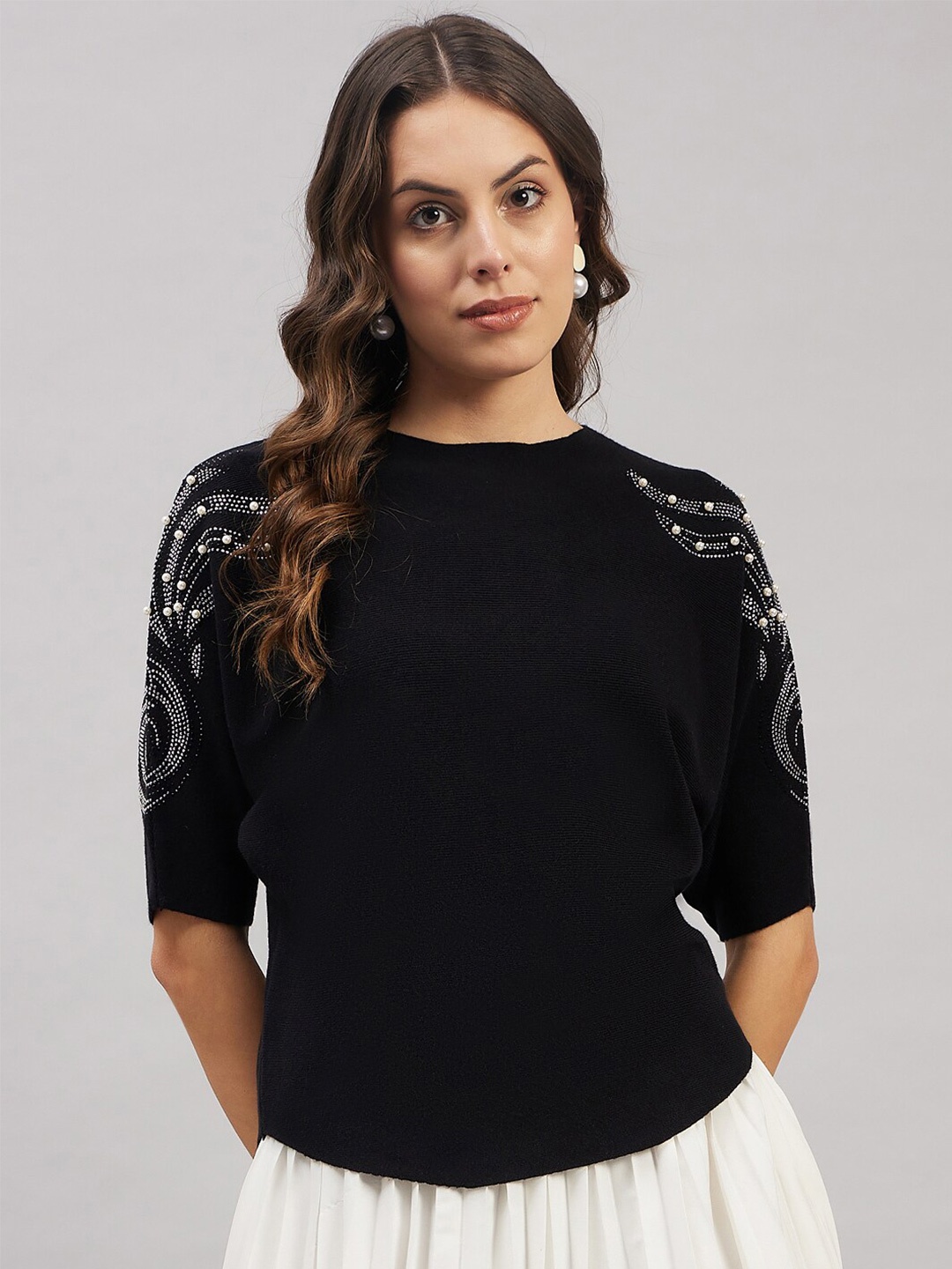 

Chemistry Embellished Extended Sleeves Woollen Top, Black