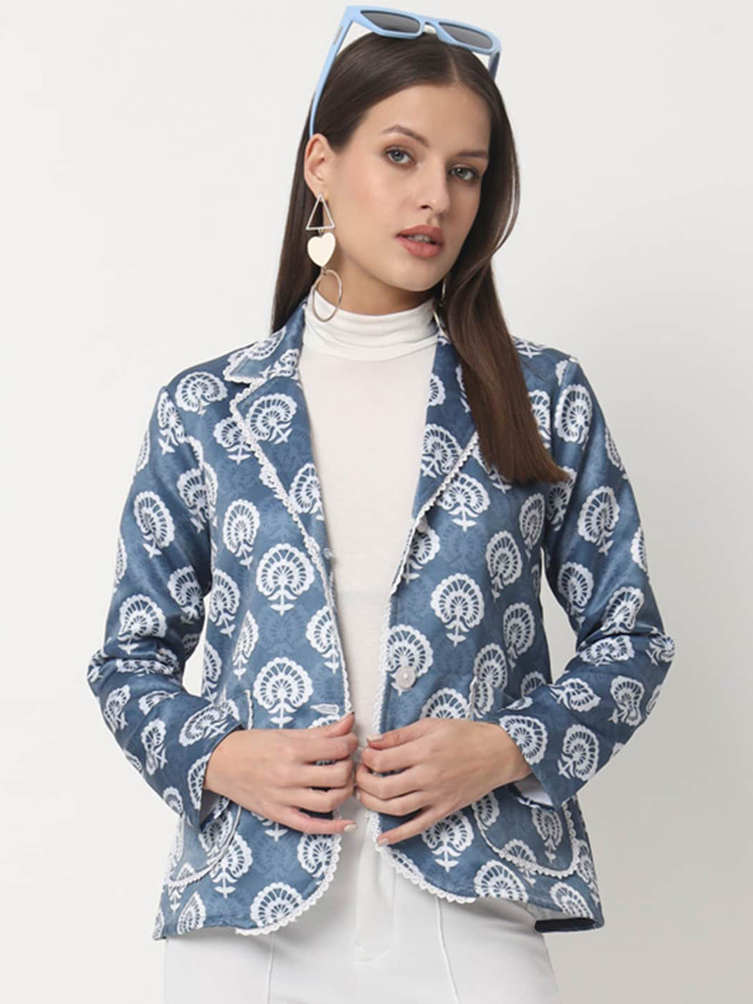 

angloindu Printed Lightweight Satin Single-Breasted Blazer, Blue