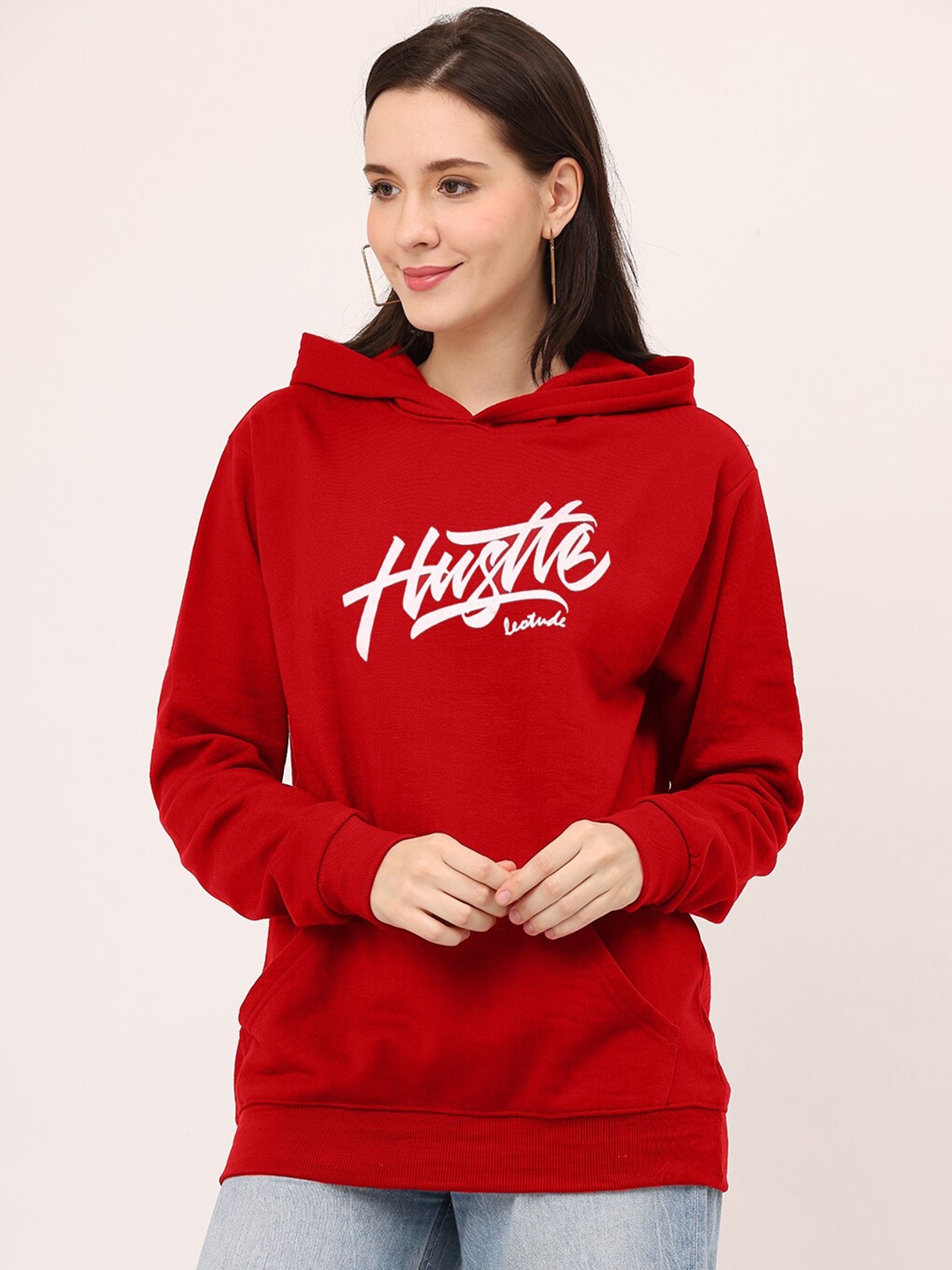 

Leotude Typography Printed Hooded Fleece Pullover, Red