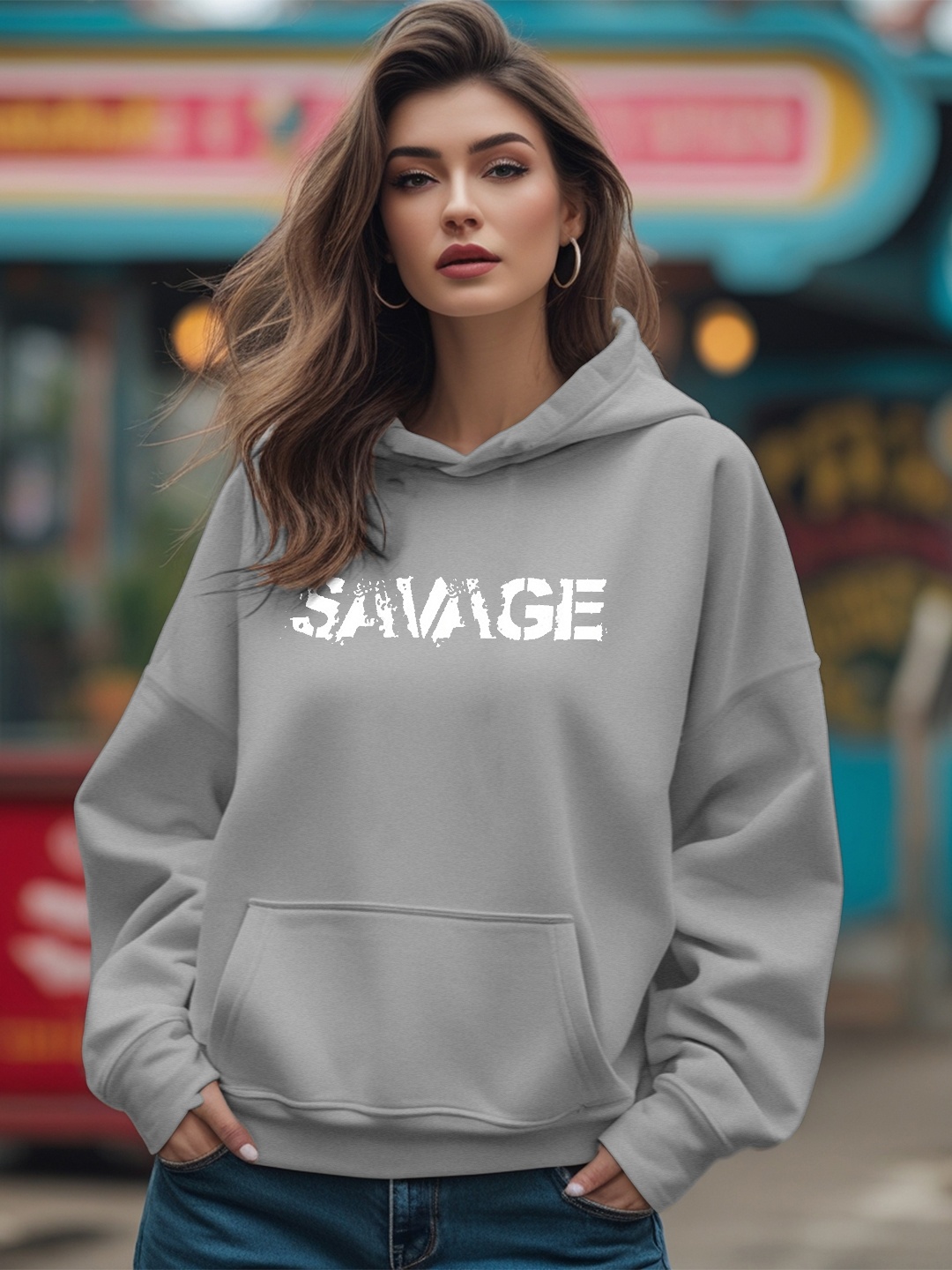 Leotude Typography Printed Hooded Fleece Pullover, Grey