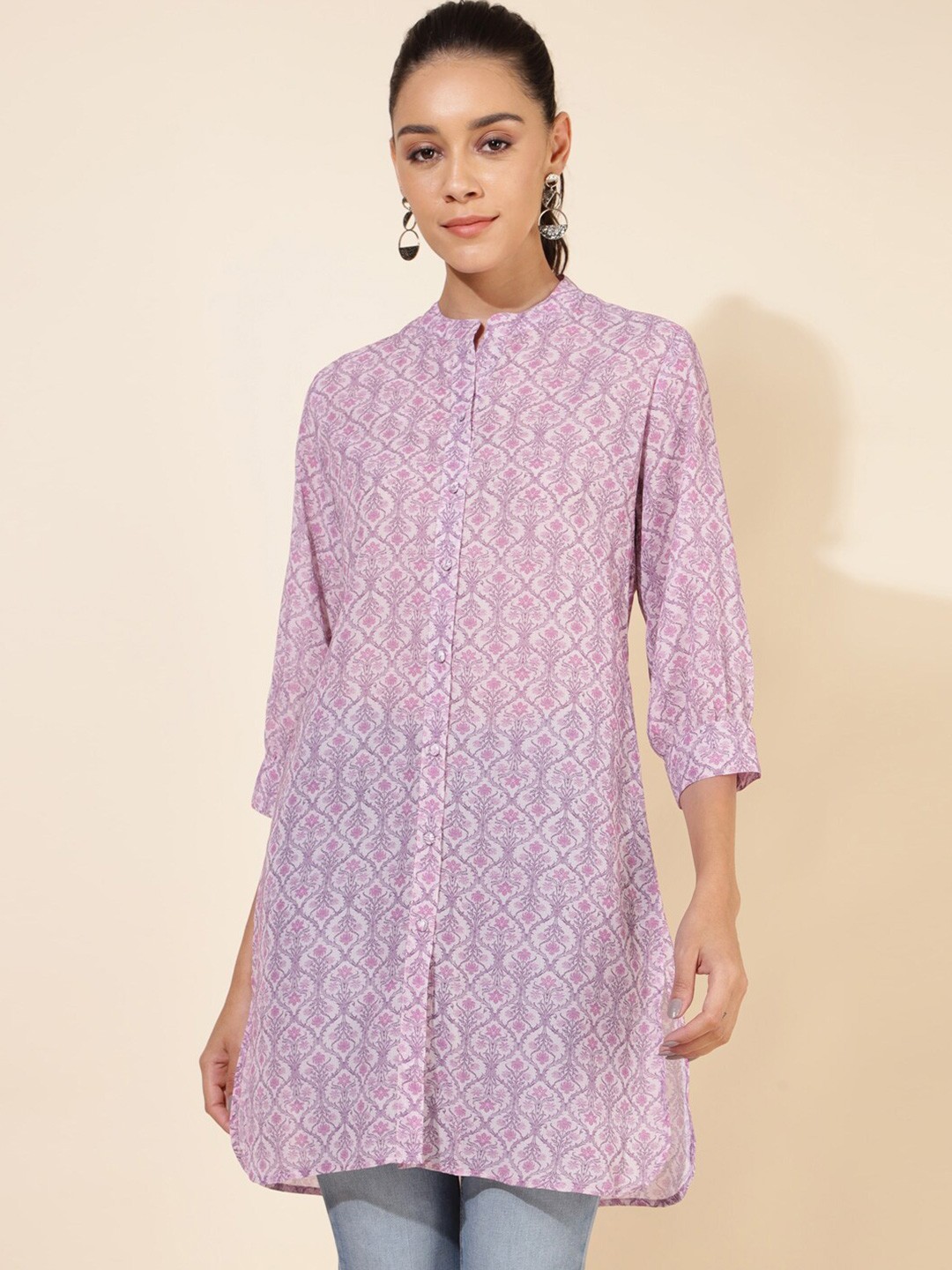 

Janasya Ethnic Motifs Printed Mandarin Collar Tunics, Pink