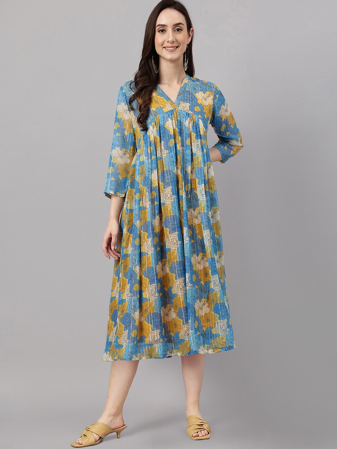

Janasya Floral Printed V Neck Chiffon A-Line Dress, Lime green