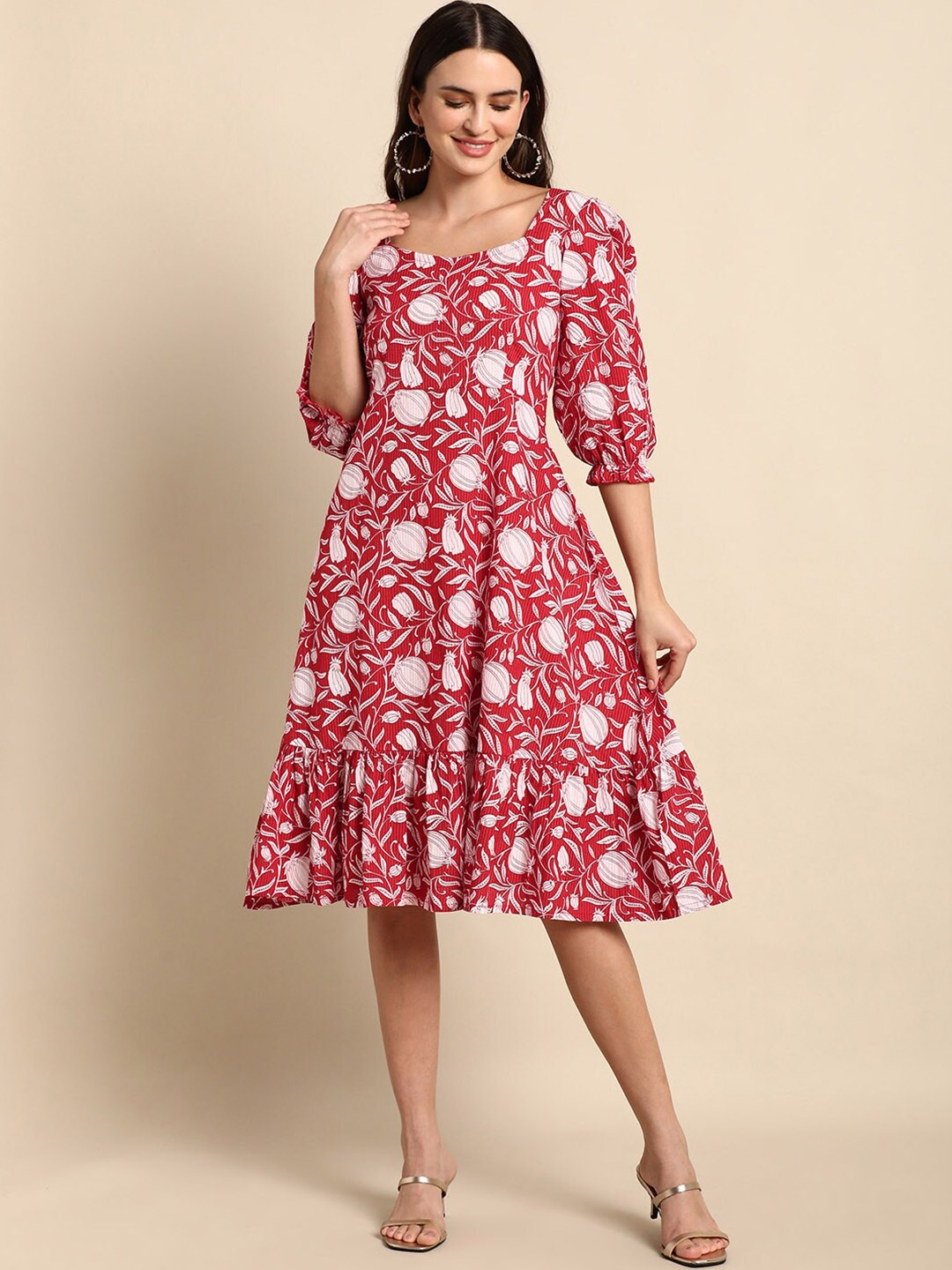 

Janasya Floral Printed Sweetheart Neck Cotton A-line Dress, Red