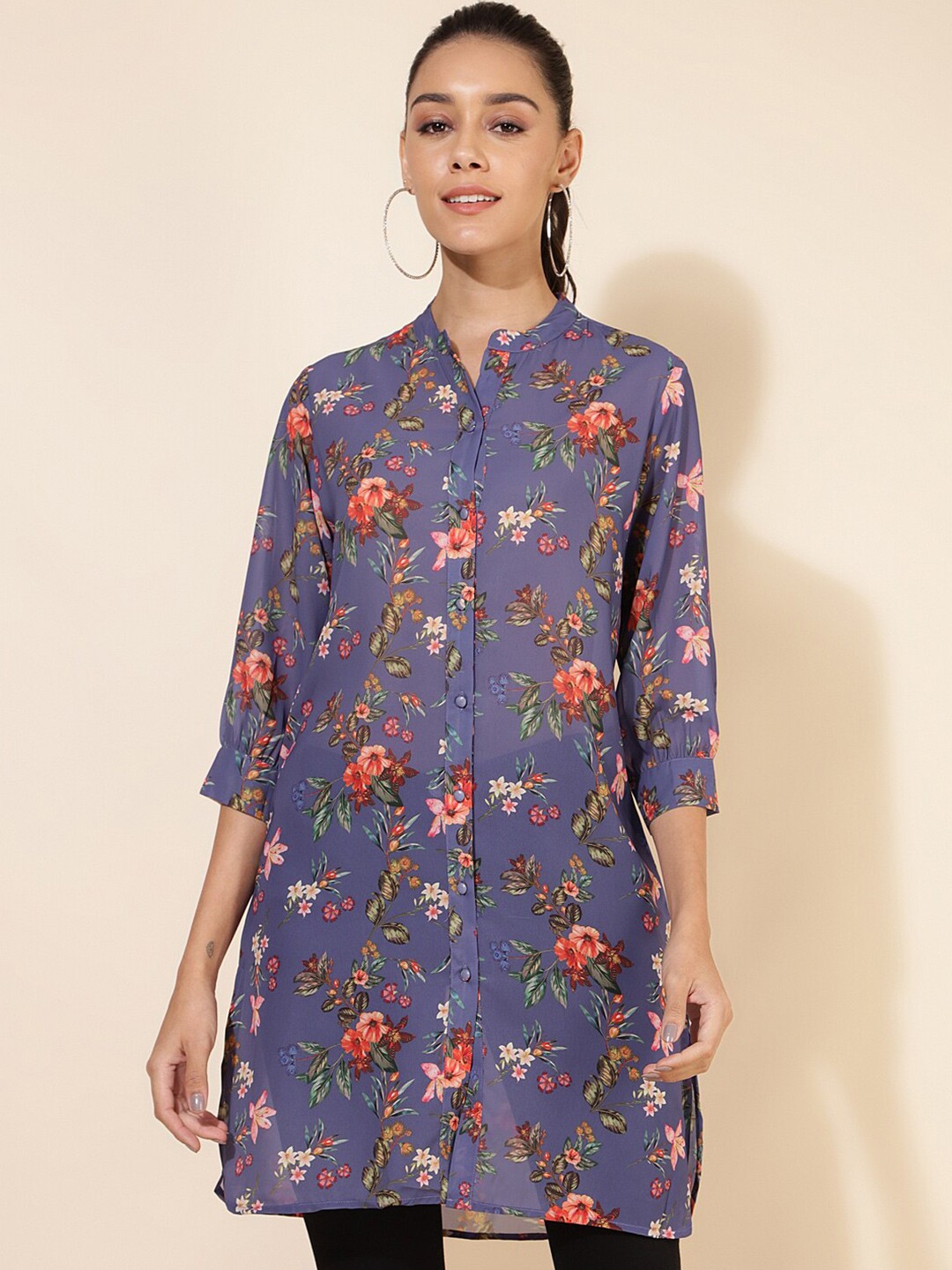 

Janasya Floral Printed Mandarin Collar Tunics, Violet