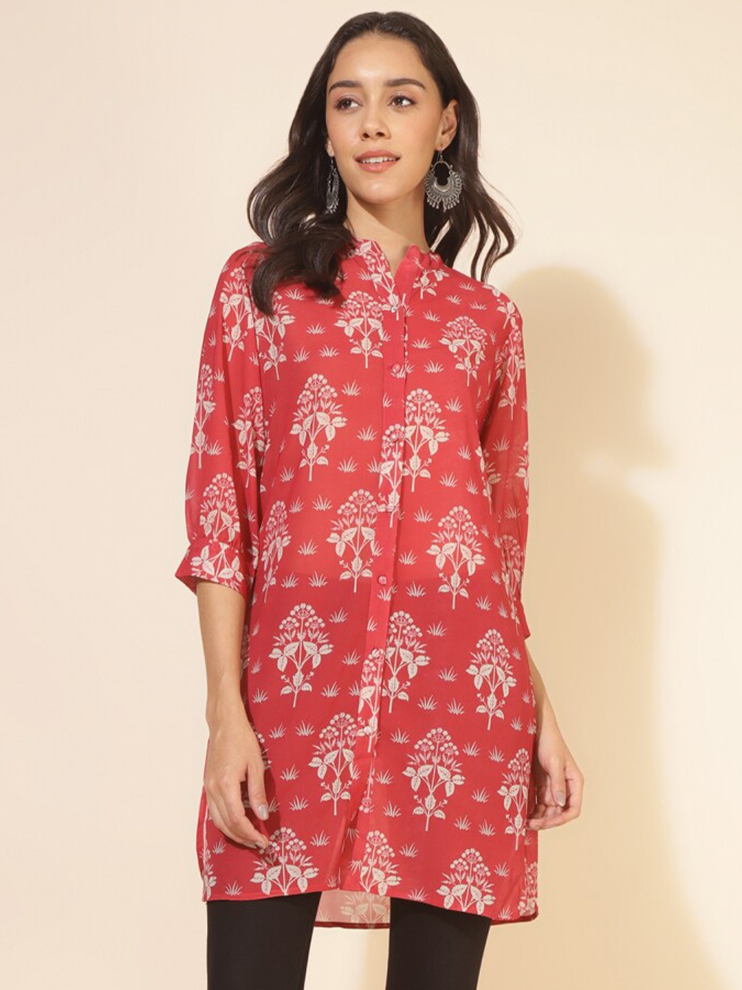 

Janasya Floral Printed Mandarin Collar Tunics, Red