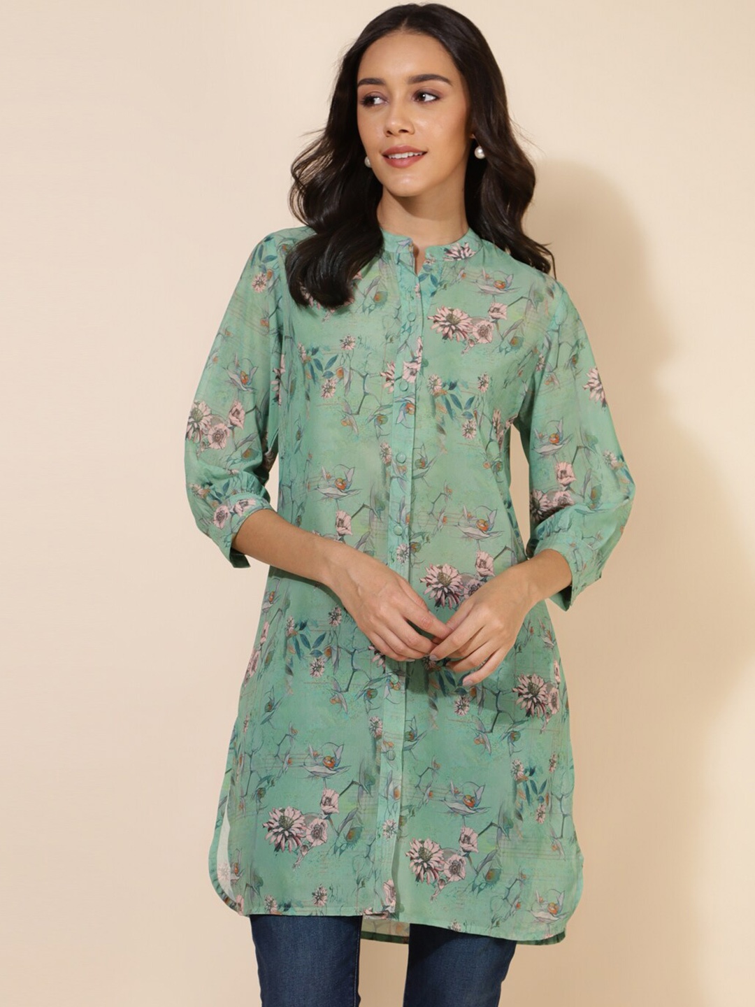 

Janasya Floral Printed Mandarin Collar Tunics, Green