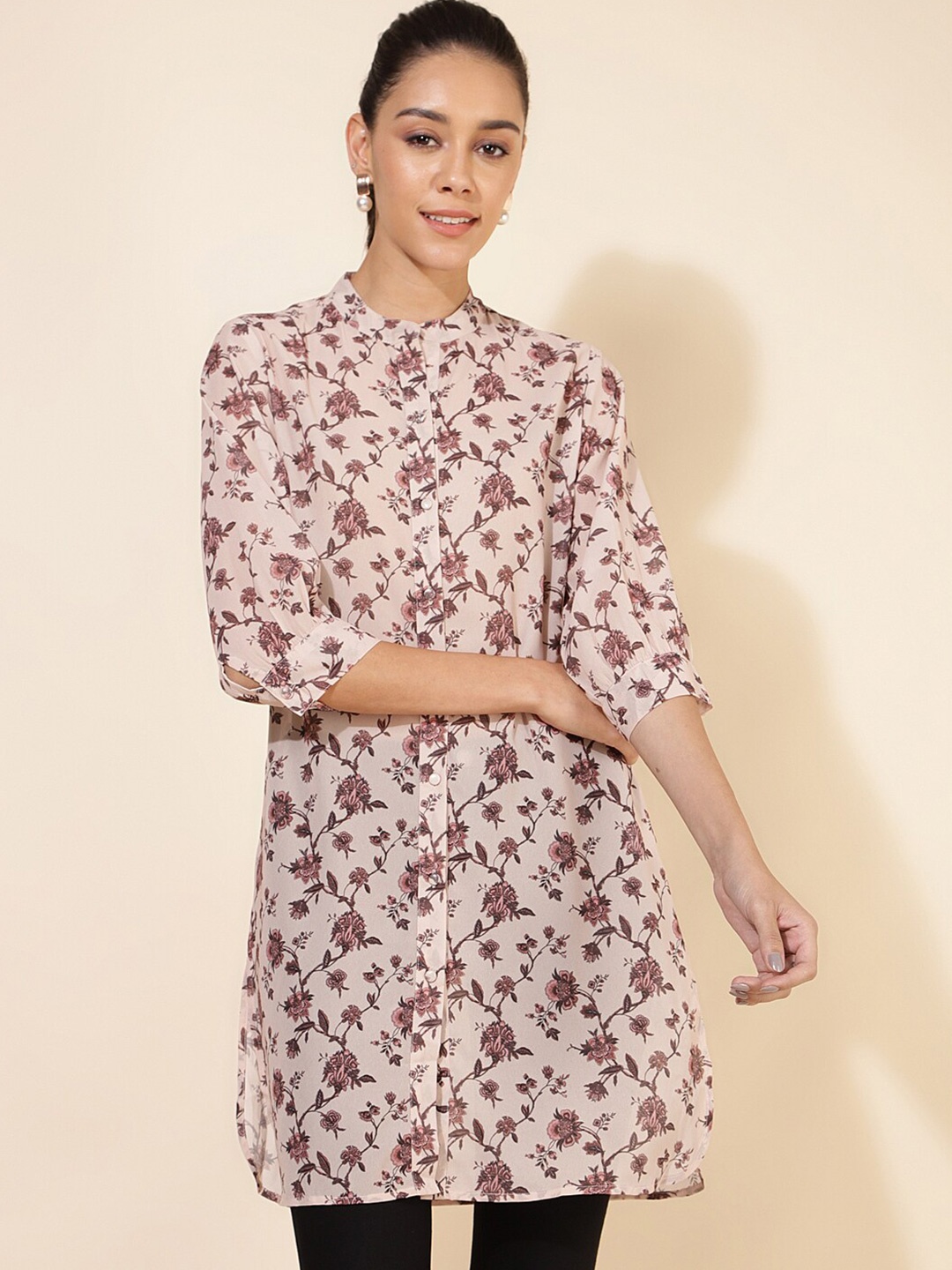 

Janasya Floral Printed Mandarin Collar Tunics, Beige