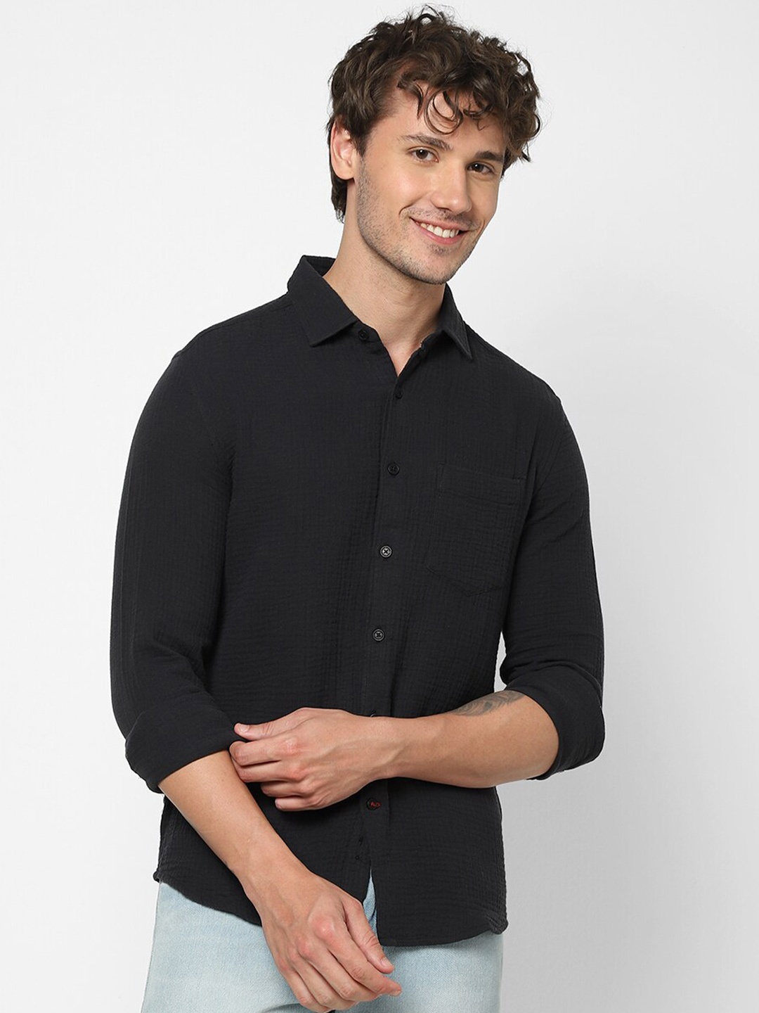 

VASTRADO Classic Slim Fit Solid Opaque Cotton Plus Size Crepe Casual Shirt, Black