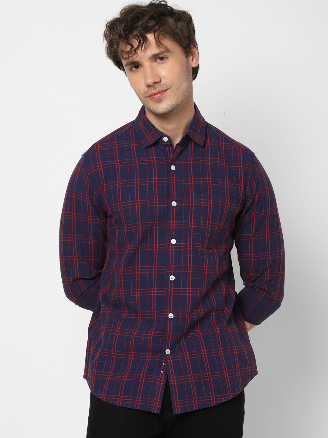 

VASTRADO Classic Checked Plus Size Casual Shirt, Navy blue