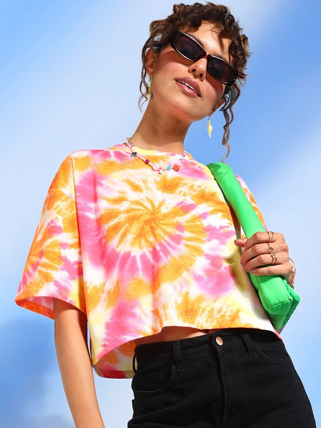 

SHECZZAR Orange Tie and Dye Boxy Cotton Crop T-shirt