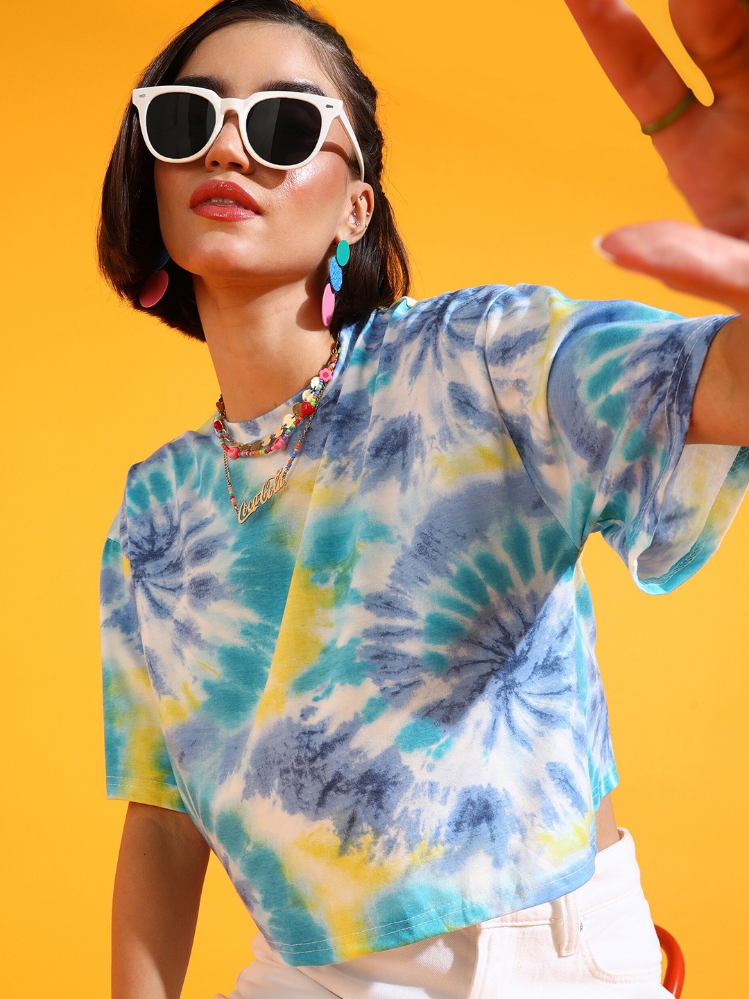 

SHECZZAR Blue Tie and Dye Boxy Cotton Crop T-shirt