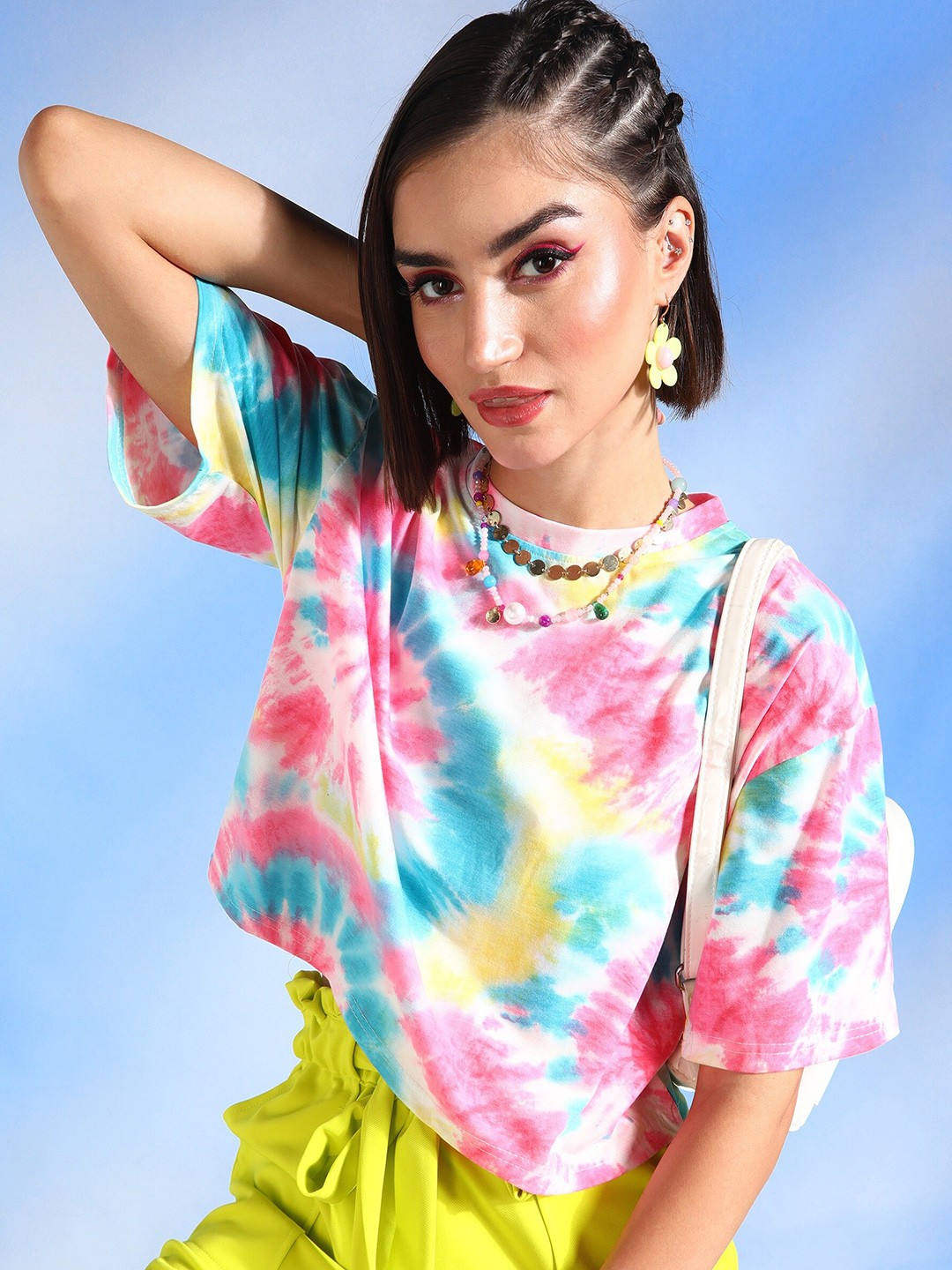 

SHECZZAR Pink Tie and Dye Boxy Cotton Crop T-shirt