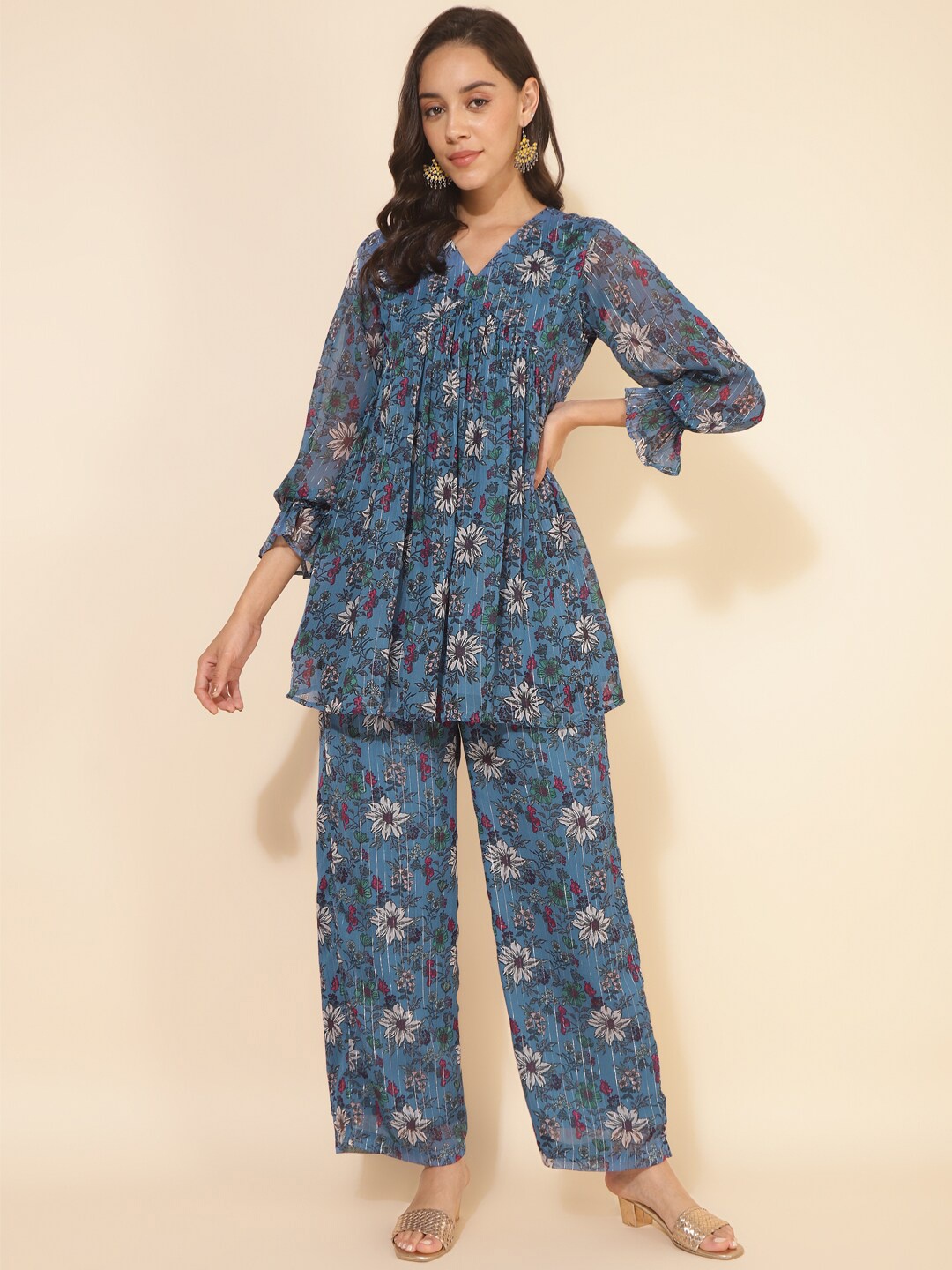 

Janasya Floral Printed V-Neck Puff Sleeves Tunic With Trousers, Blue