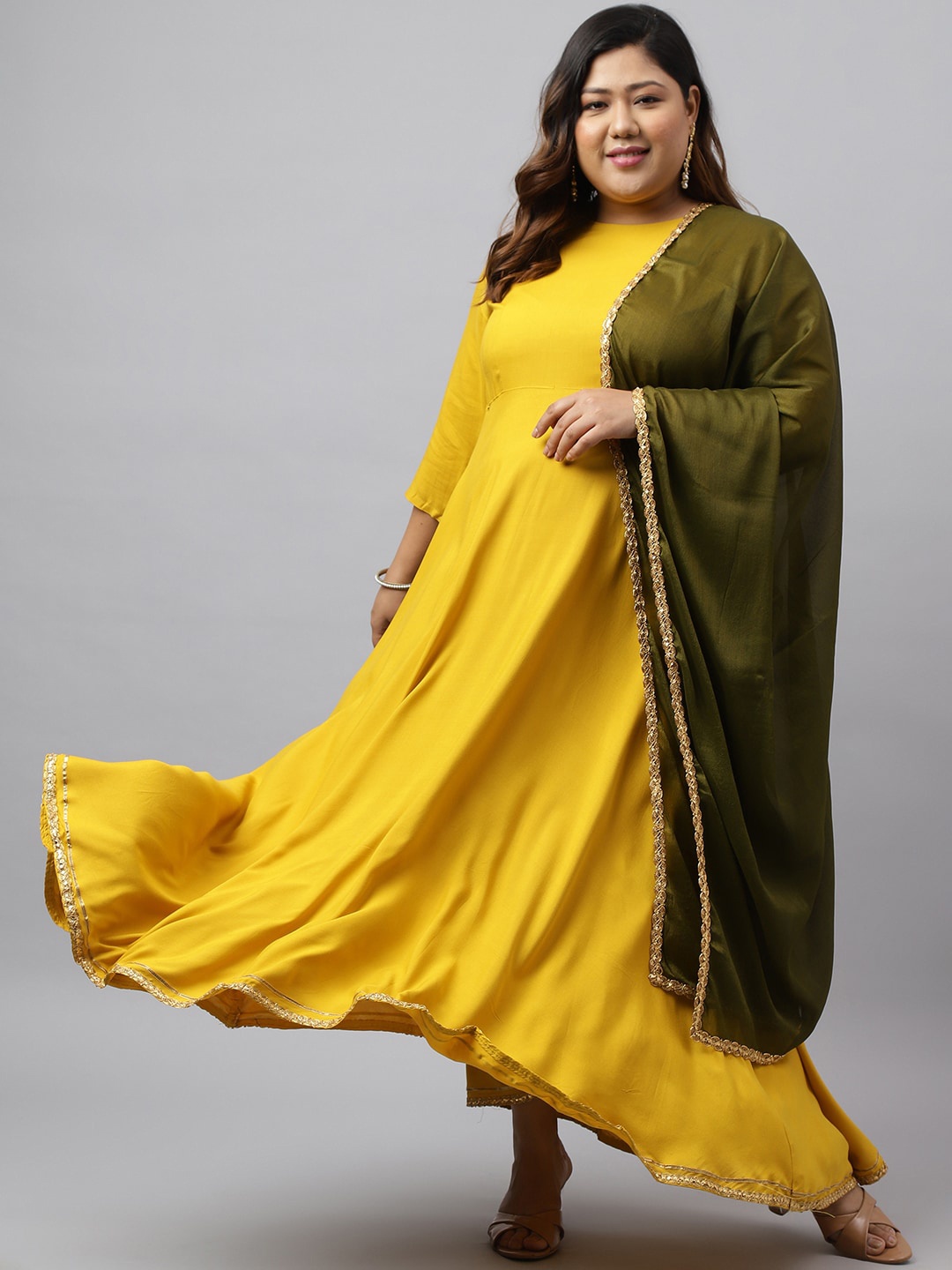 

XL LOVE by Janasya Plus Size Gotta Patti Anarkali Kurta With Duppatta, Mustard
