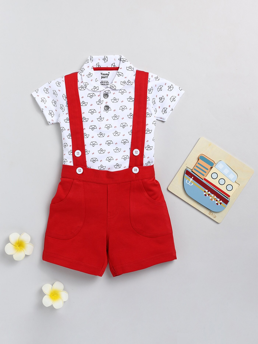 

Toonyport Kids Pure Cotton Dungaree With Printed T-shirt, Red