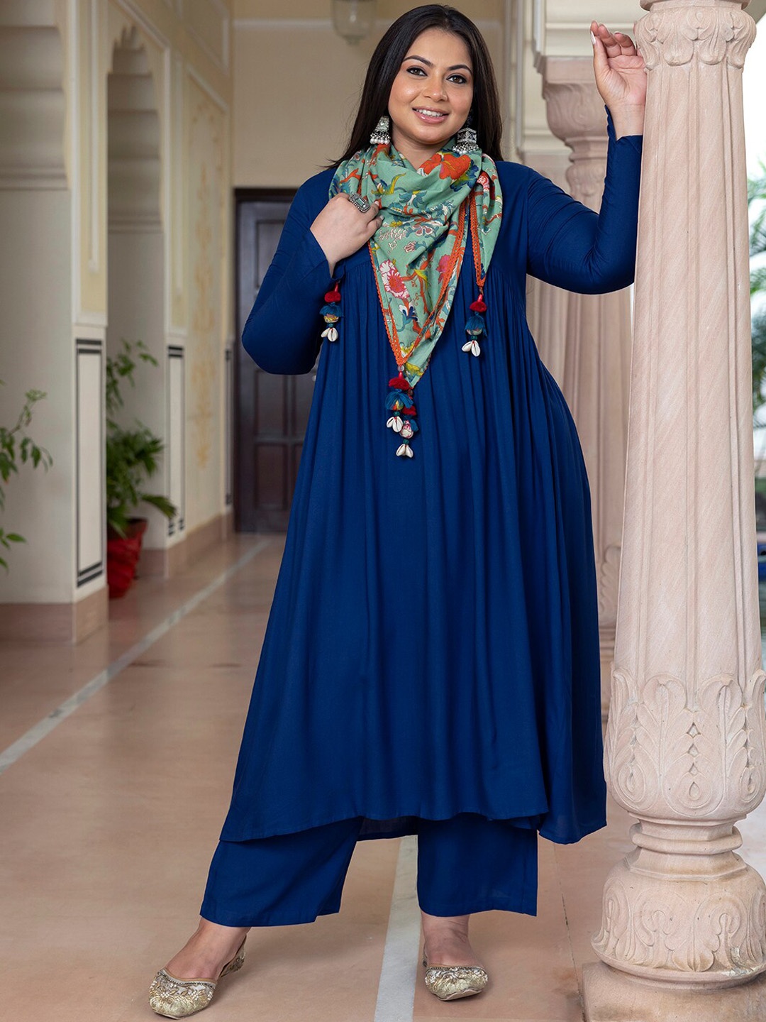

XL LOVE by Janasya Women's Plus Size Blue Rayon Solid Kurta with Palazzo and Scarf