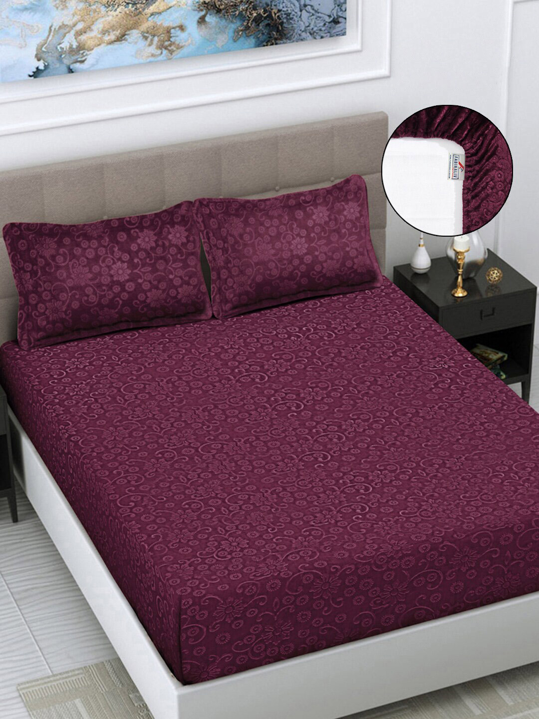 

FABINALIV Purple Floral 300 TC Woollen King Size Fitted Double Bedsheet & 2 Pillow Covers