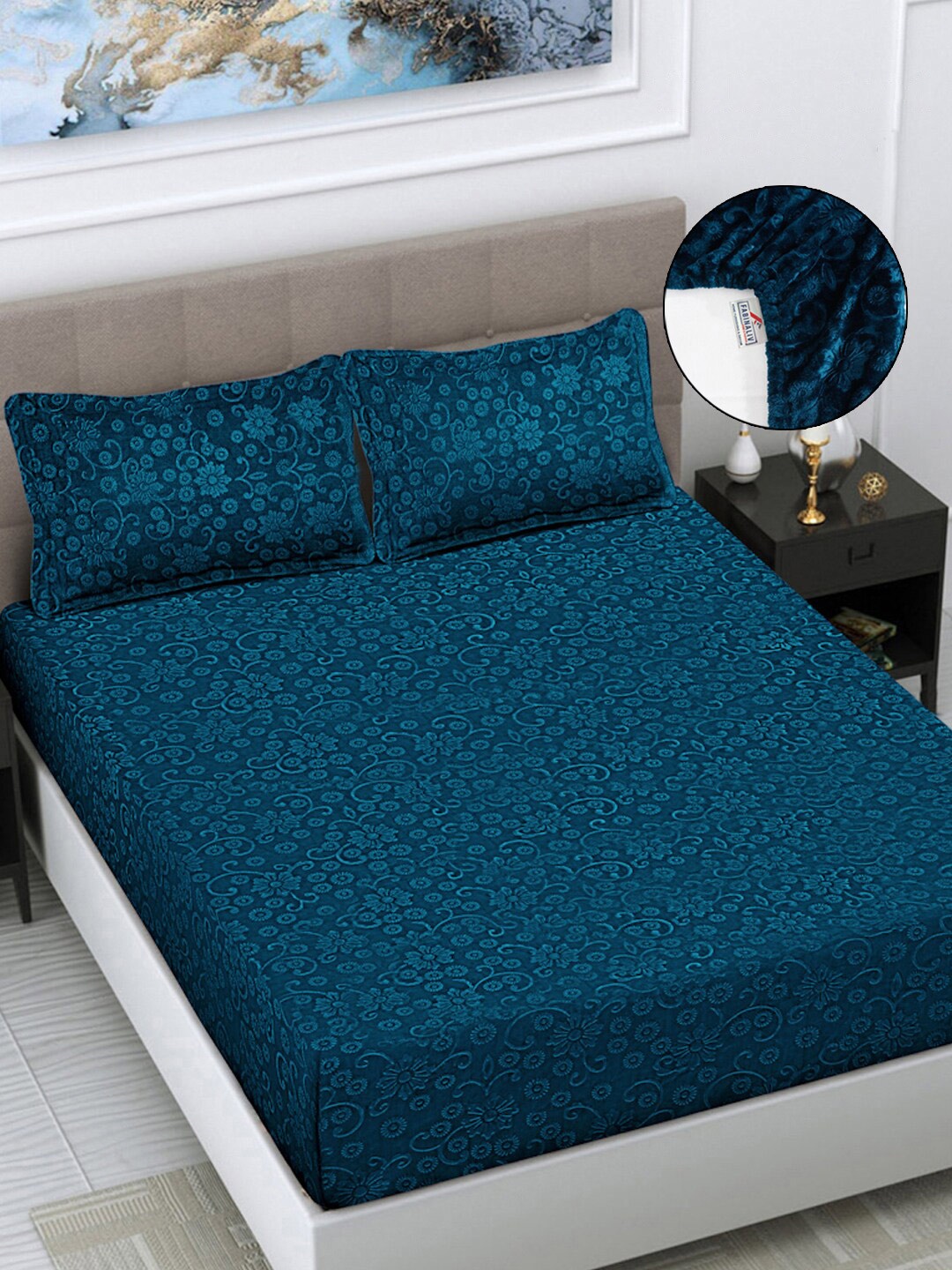 

FABINALIV Blue Floral 300 TC Woollen King Size Fitted Double Bedsheet & 2 Pillow Covers, Turquoise blue