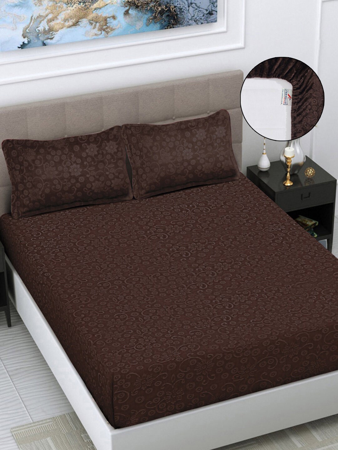 

FABINALIV Coffee Floral 300 TC Woollen King Size Fitted Double Bedsheet & 2 Pillow Covers, Coffee brown