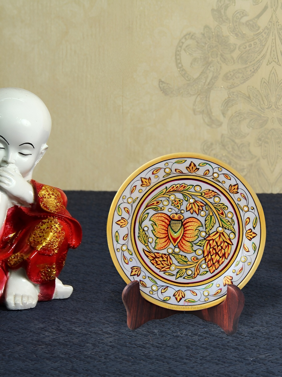 

HANDICRAFTS PARADISE White & Orange Butterfly Printed Marble Plate Showpiece