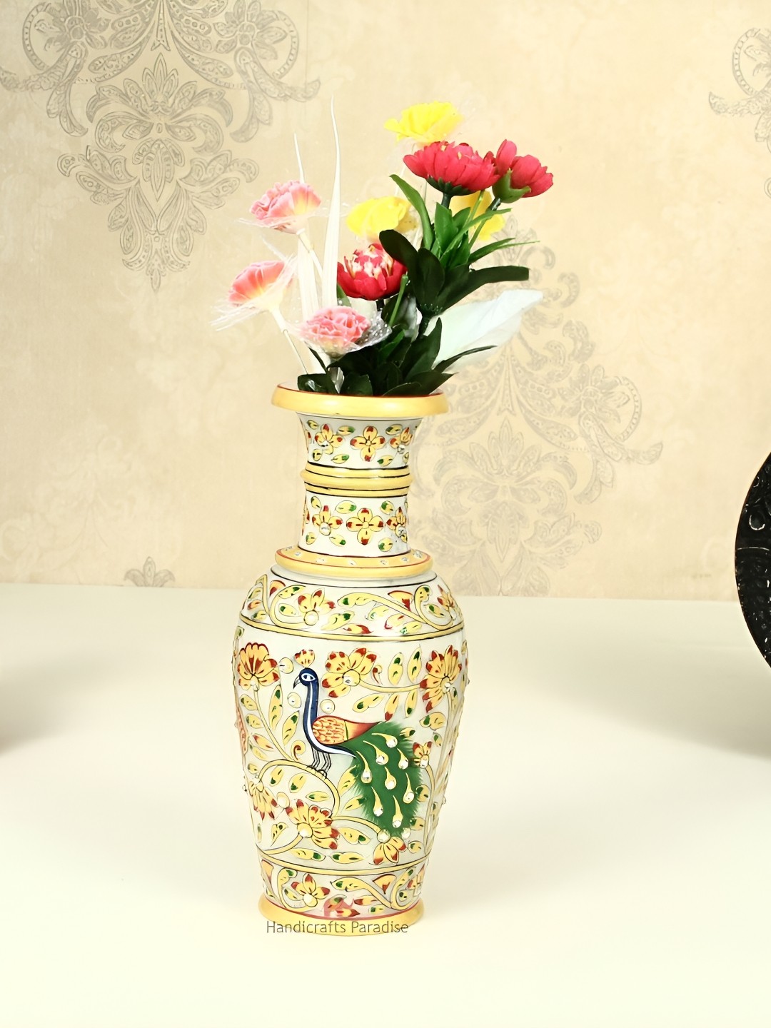

HANDICRAFTS PARADISE White & Gold Toned Peacock Printed Marble Flower Vase