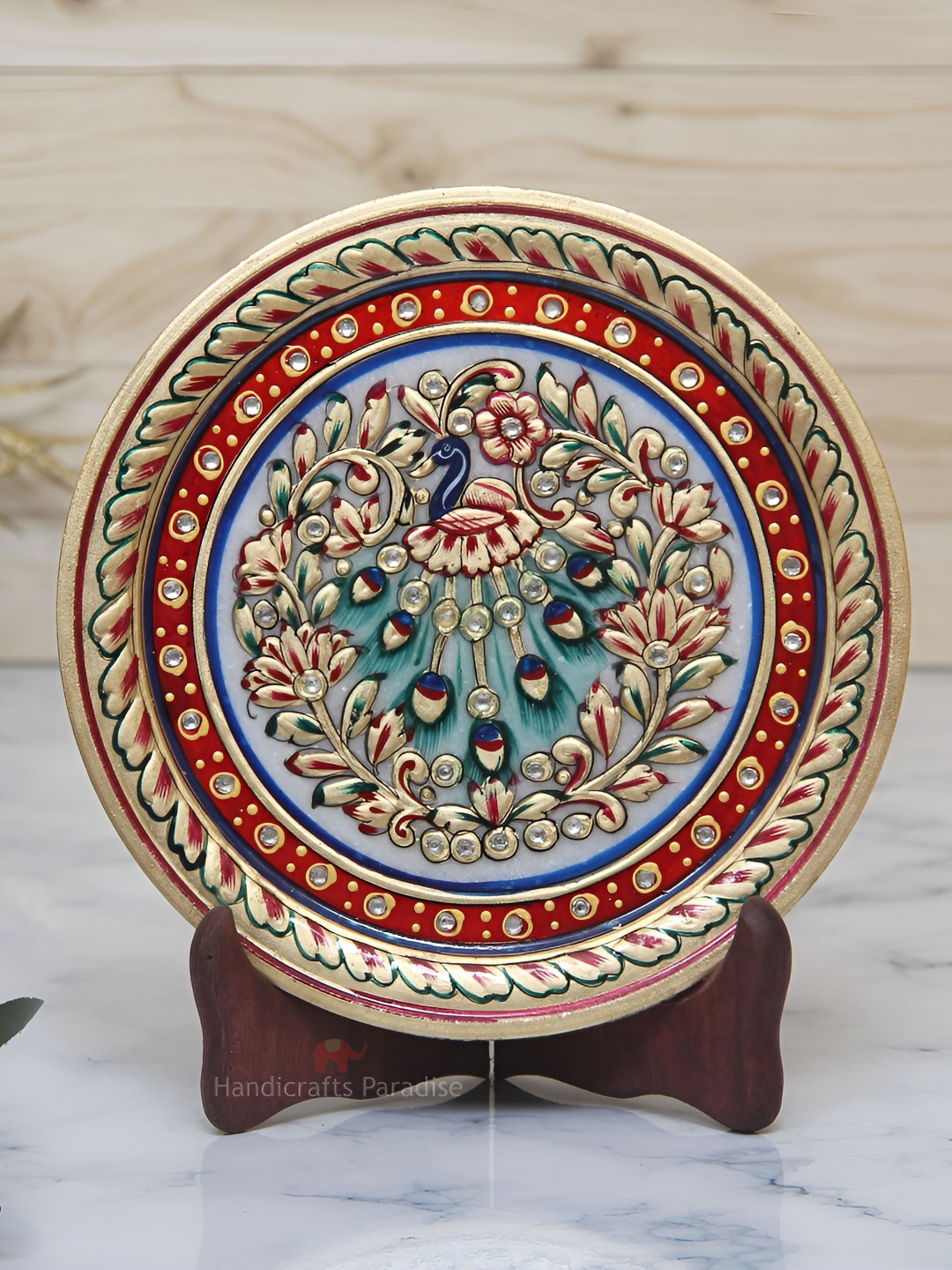 

HANDICRAFTS PARADISE Gold Toned & Red Marble Round Plate Showpiece