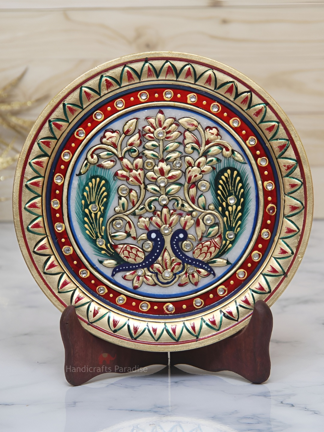 

HANDICRAFTS PARADISE Gold Toned & Red Marble Round Plate Showpiece