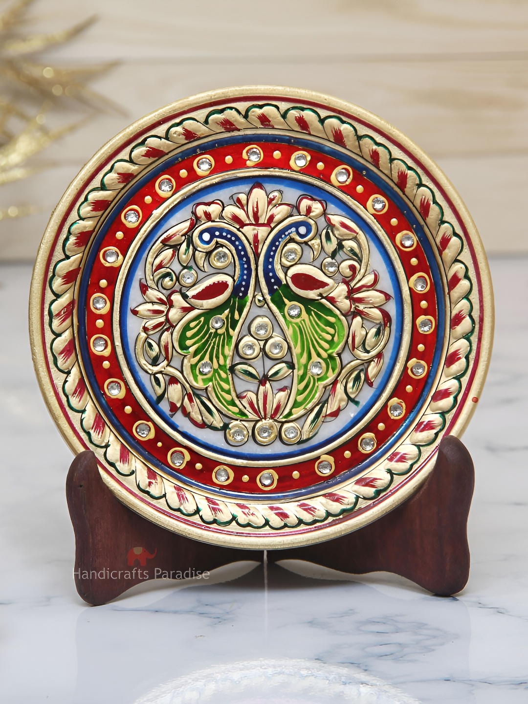 

HANDICRAFTS PARADISE Gold Toned & Red Marble Round Plate Showpiece